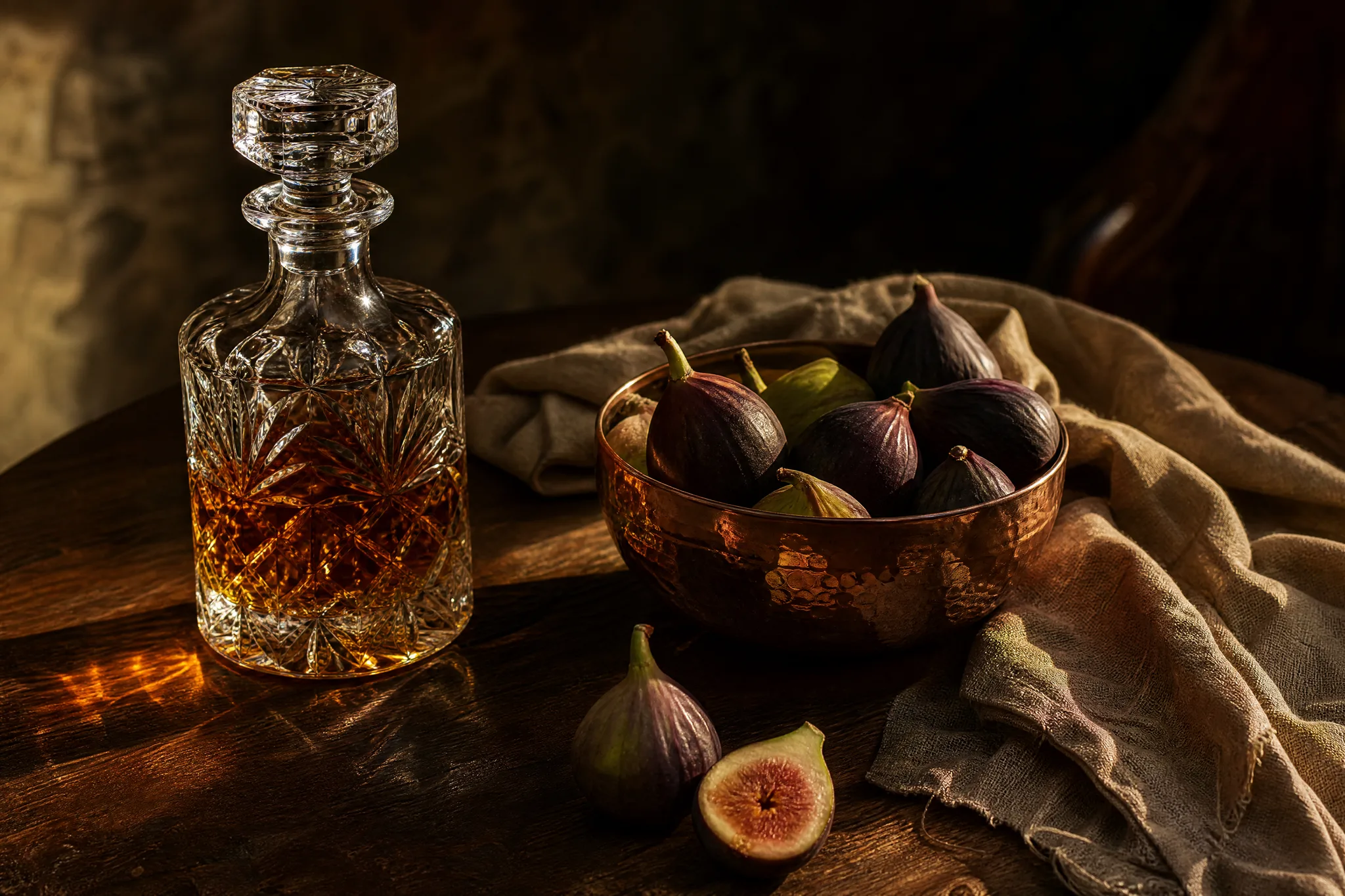 Cut-crystal decanter, hammered copper bowl of figs and linen napkin in raking golden light on a walnut table