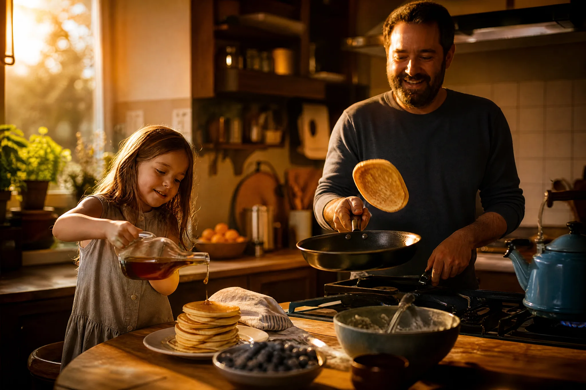 Father flipping a pancake in a cast-iron pan while his daughter pours syrup in a sunny family kitchen