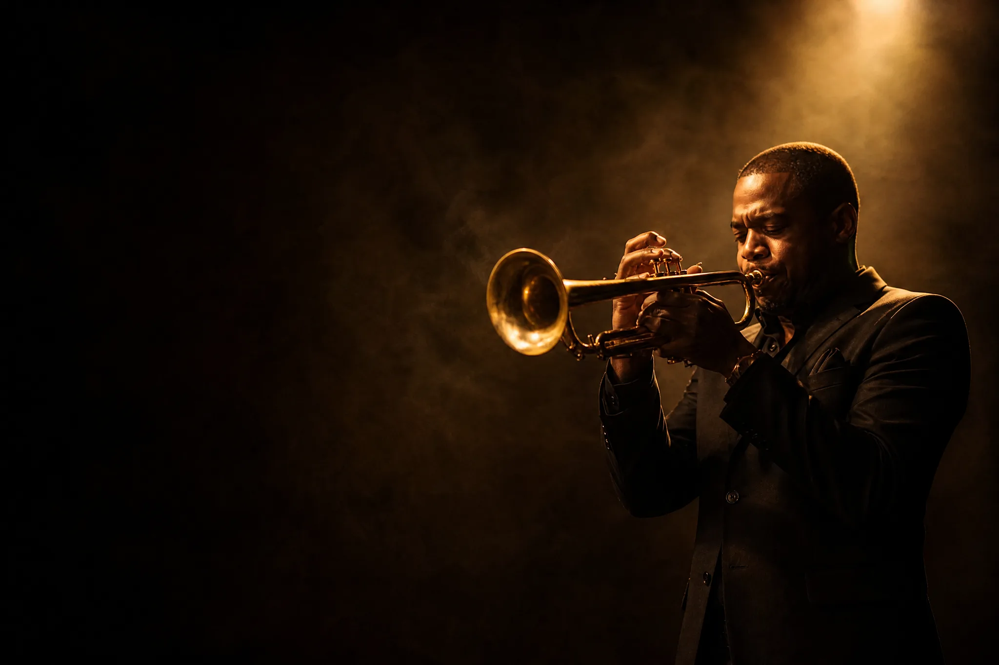 Jazz trumpeter in a warm spotlight on the right of the frame with open dark space on the left for a headline