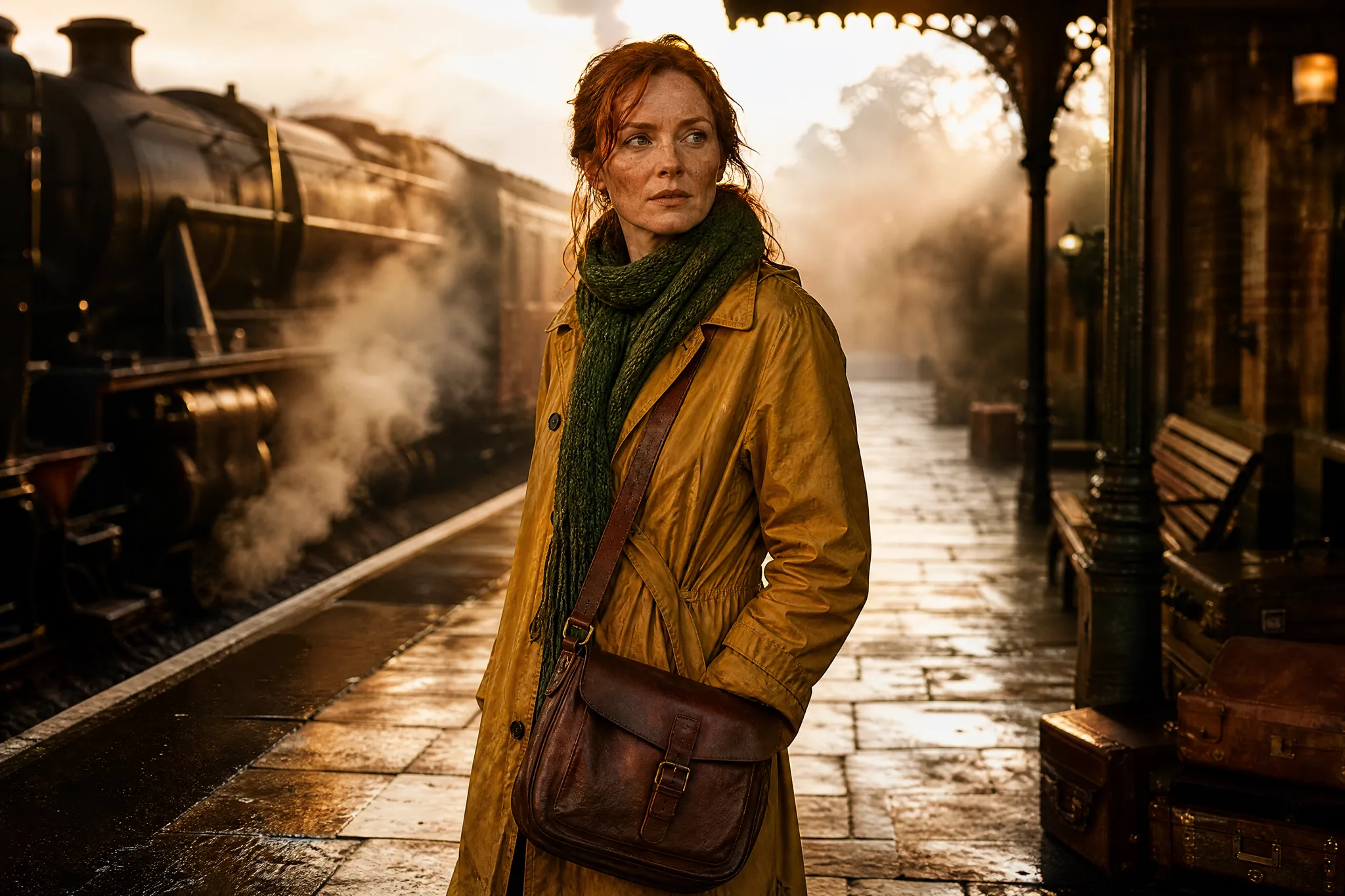 Red-haired explorer in a mustard raincoat with a leather satchel and green scarf on a misty railway platform