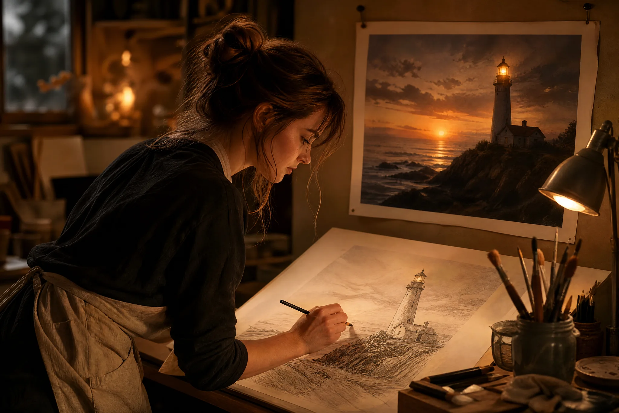 Illustrator at a drawing table with a lighthouse sketch below a finished dusk painting of the same lighthouse