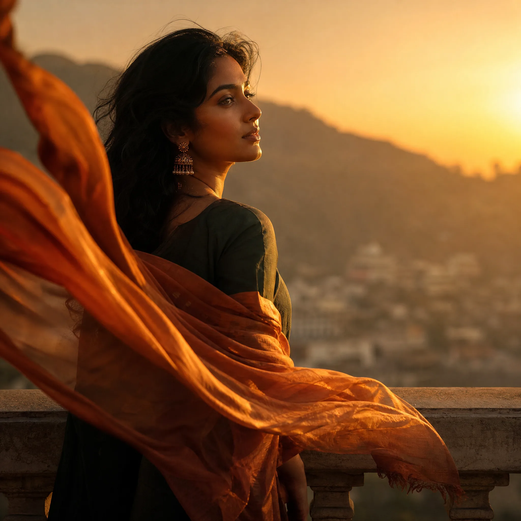 A young South Asian woman standing at a stone balustrade at sunset as a long burnt-orange silk scarf lifts and ripples
