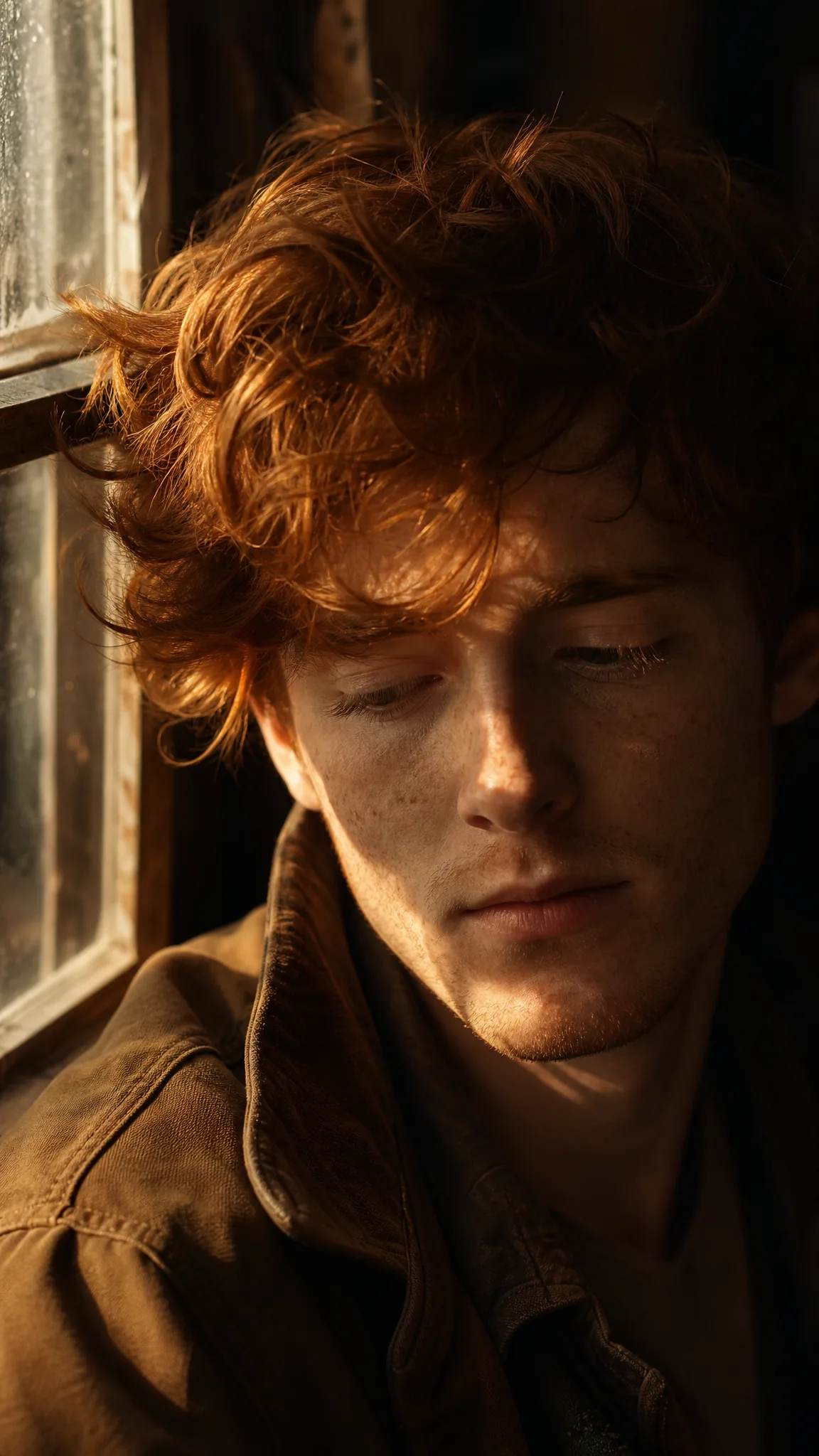 Close-up of a young man with freckles and tousled red hair in soft window light, eyes lowered