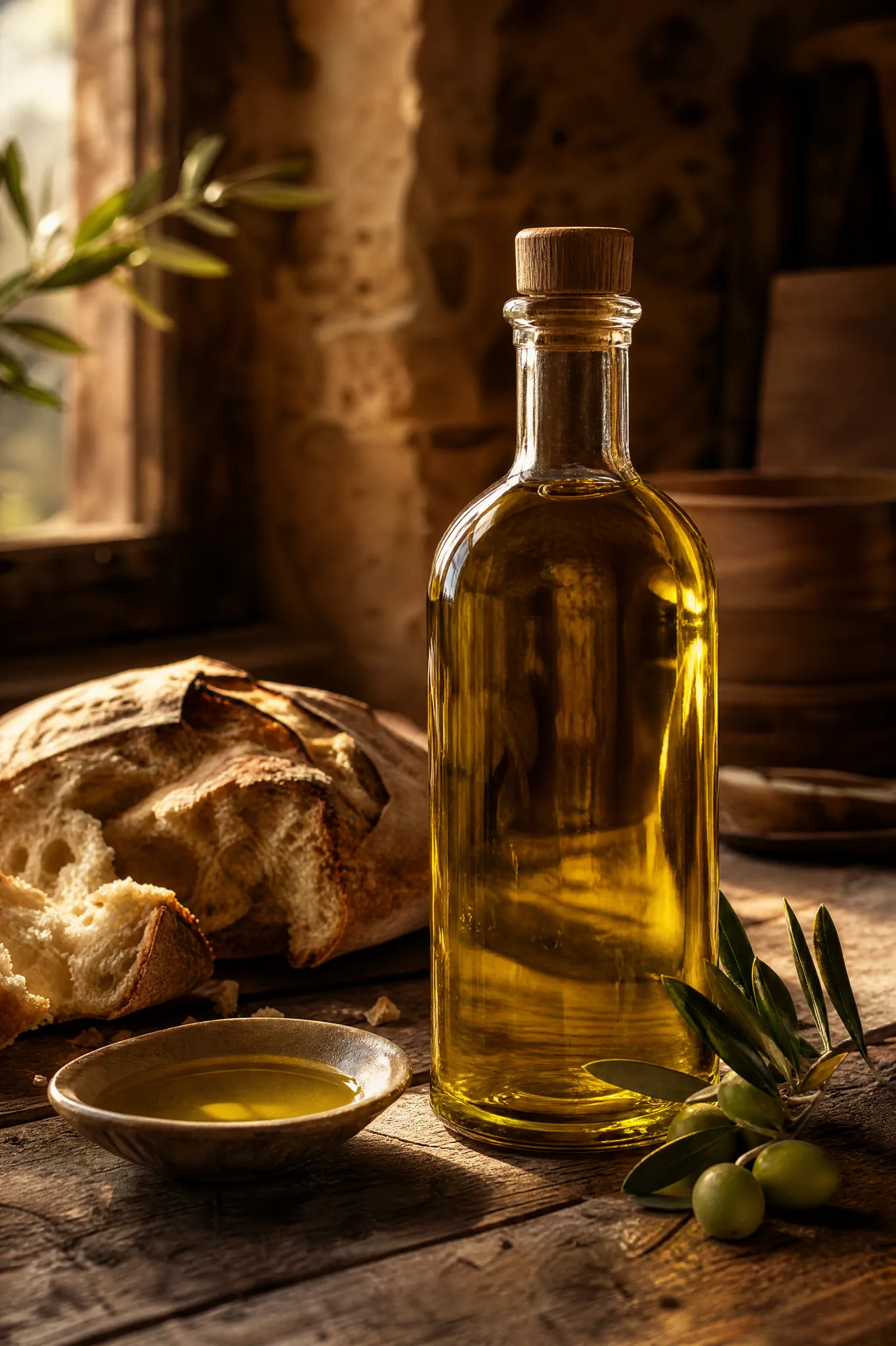Grok Imagine Image 2: A Product with Context Unlabelled bottle of golden olive oil with crusty bread and an olive sprig on a rustic table