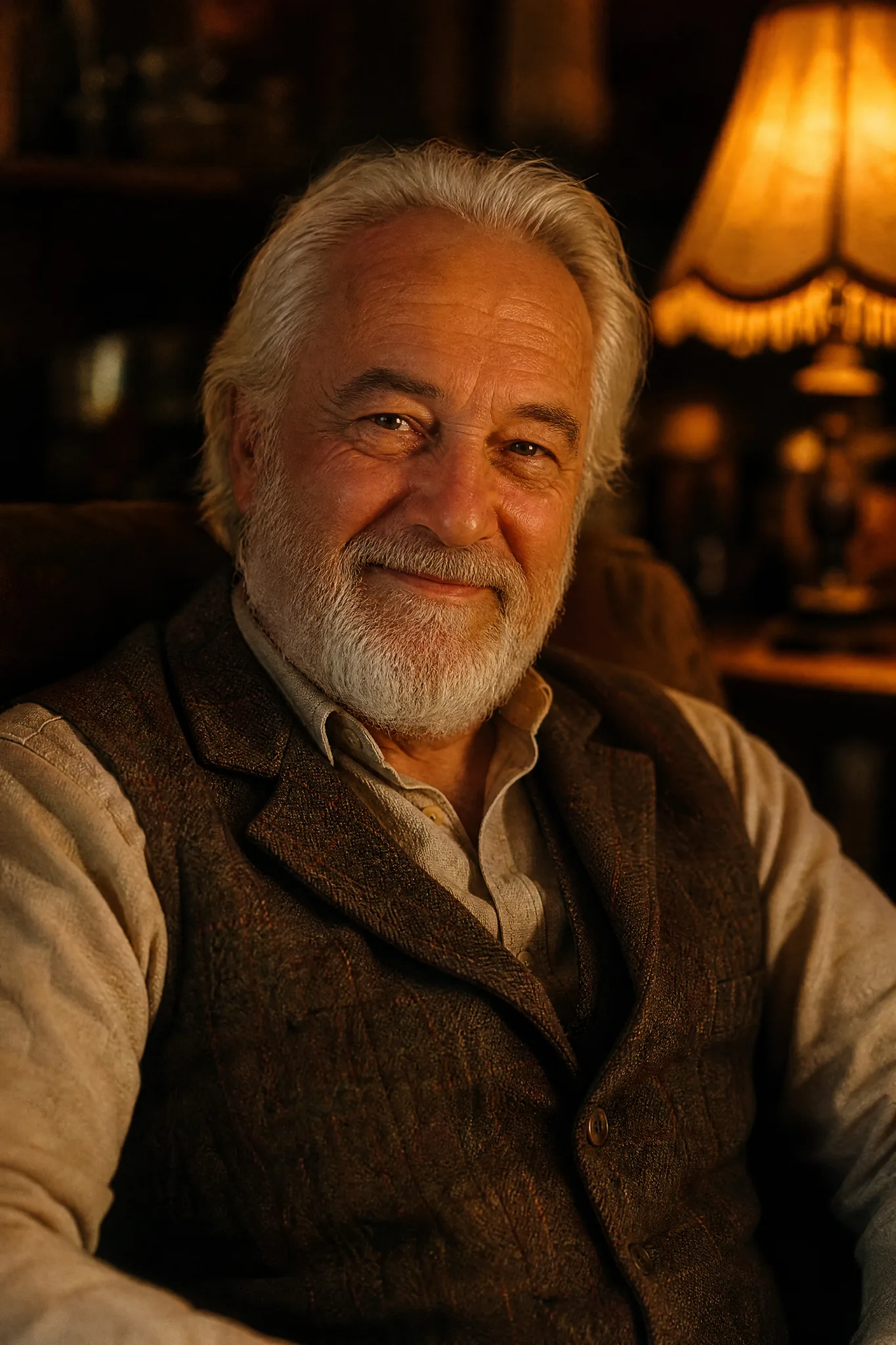 Grok Imagine Image 2: A Gentle Portrait Mood Older man with a white beard smiling gently in warm lamp light