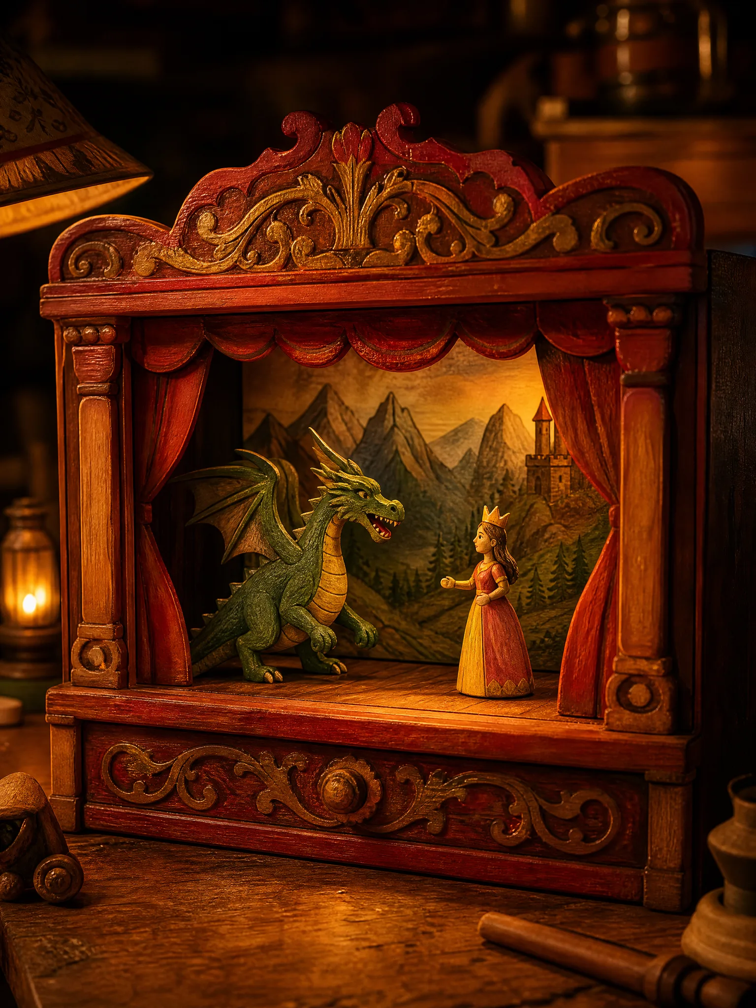 Grok Imagine Image 2: A Carved-Wood Illustration Hand-painted wooden toy theatre with a wooden dragon and princess on its little stage