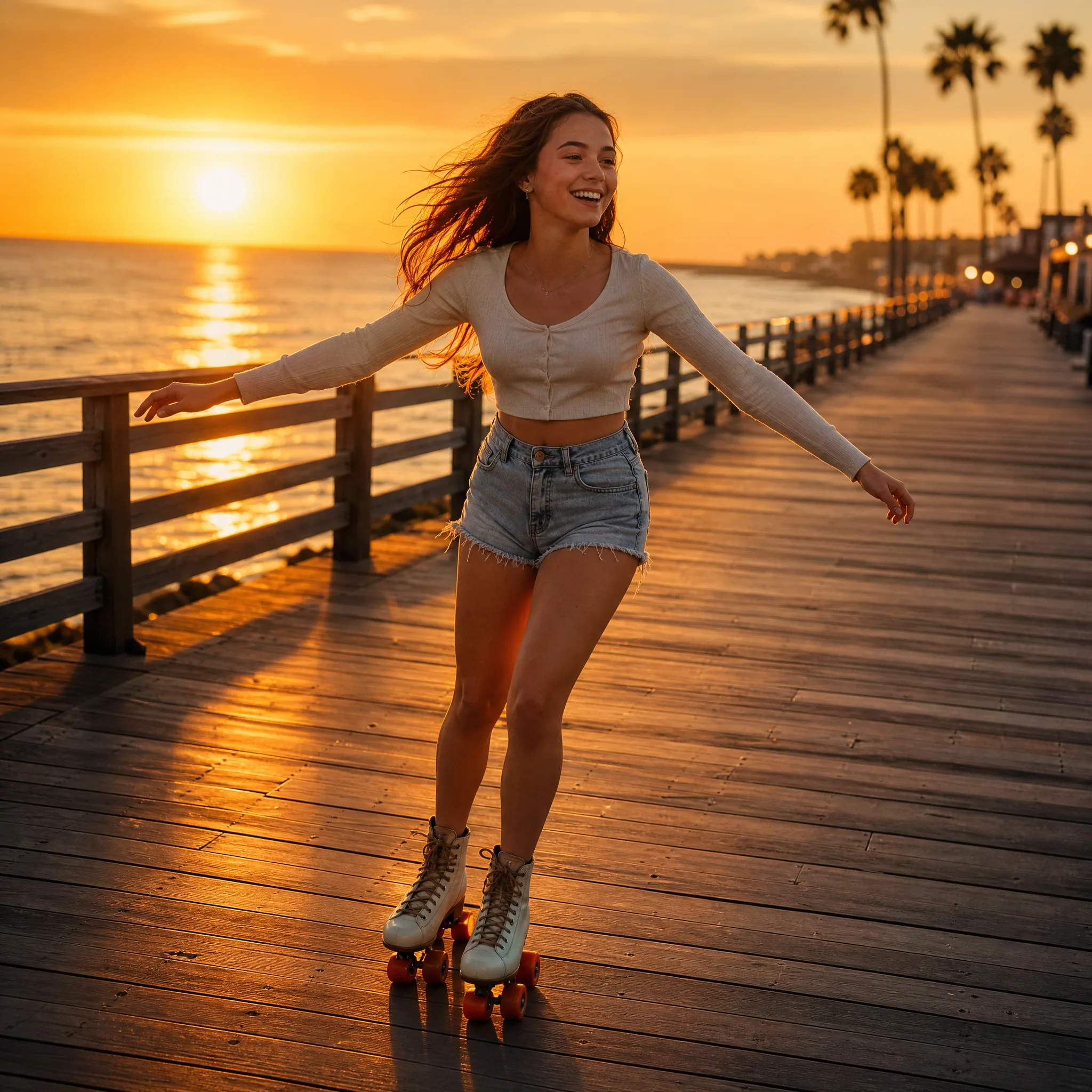 A teenage girl roller-skates along an empty seaside boardwalk at sunset, arms out for balance and laughing, golden