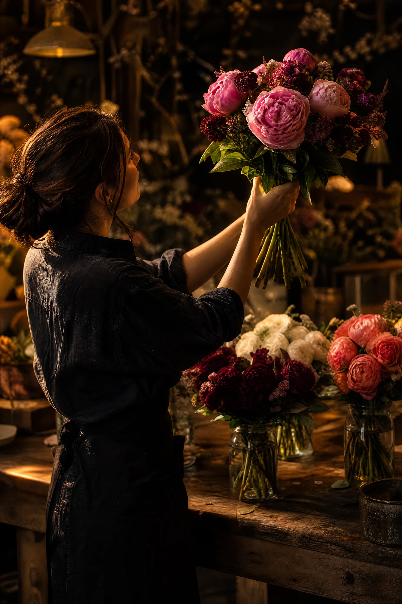 Grok Imagine Image 2: Separate Takes to Compare Florist holding up a peony bouquet with alternative bouquets in jars on the bench behind