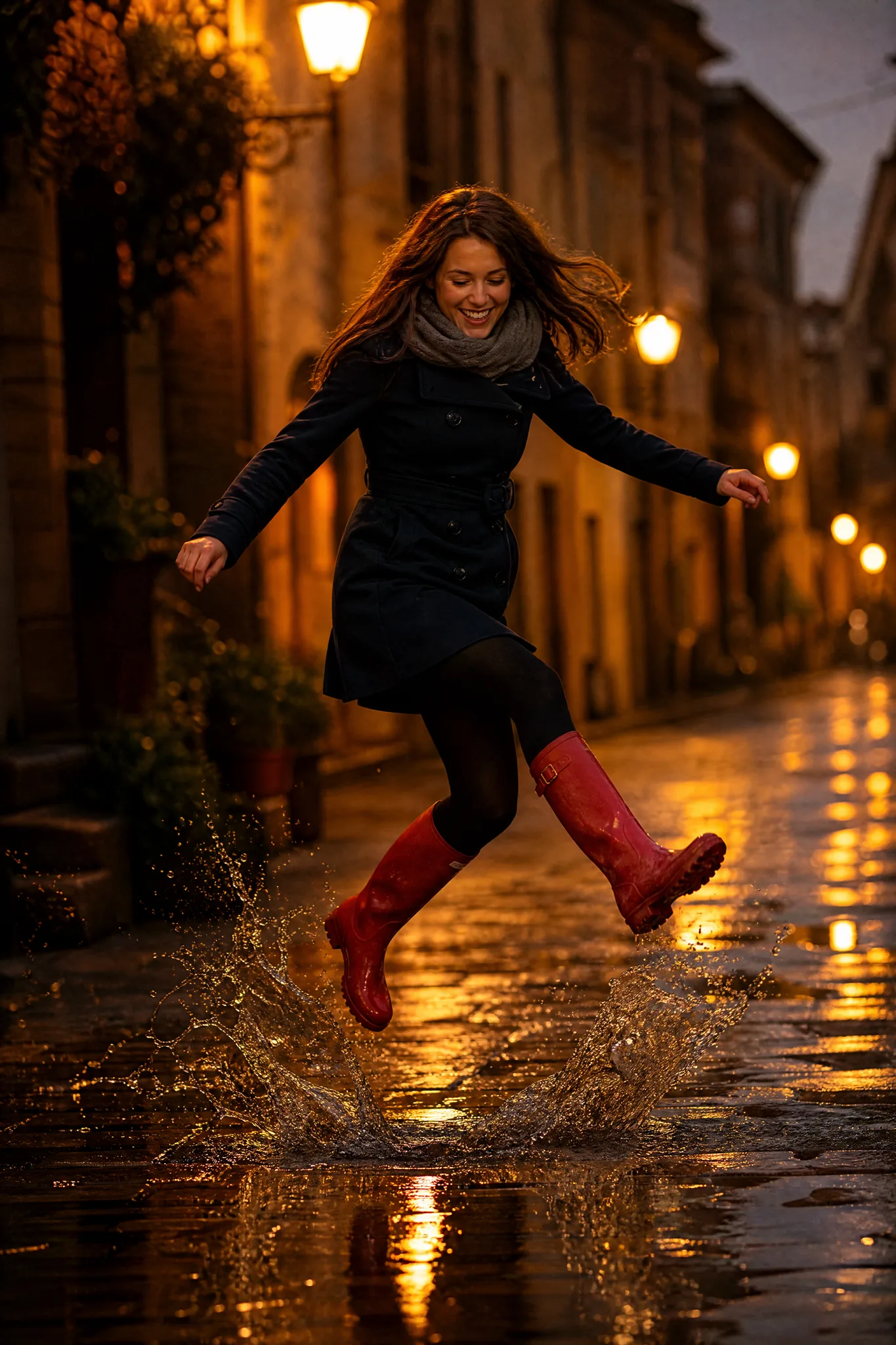 Grok Imagine Image 2: A Focused Subject Young woman in red rain boots leaping over a puddle on a lamplit cobbled street