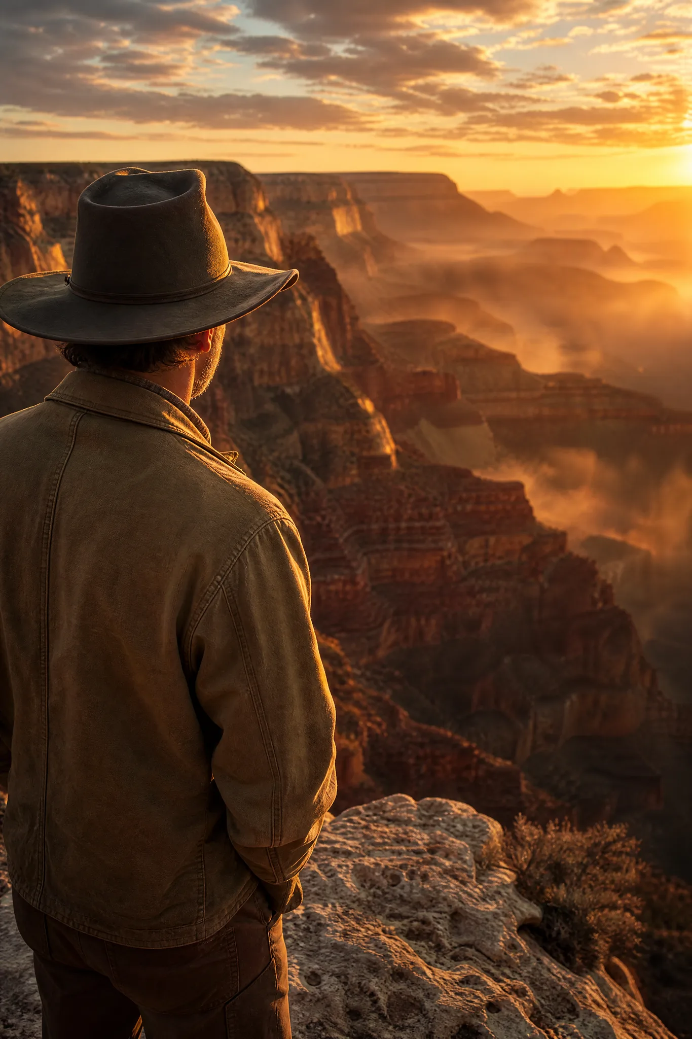 Man in a wide-brimmed hat at the rim of a glowing canyon at sunrise