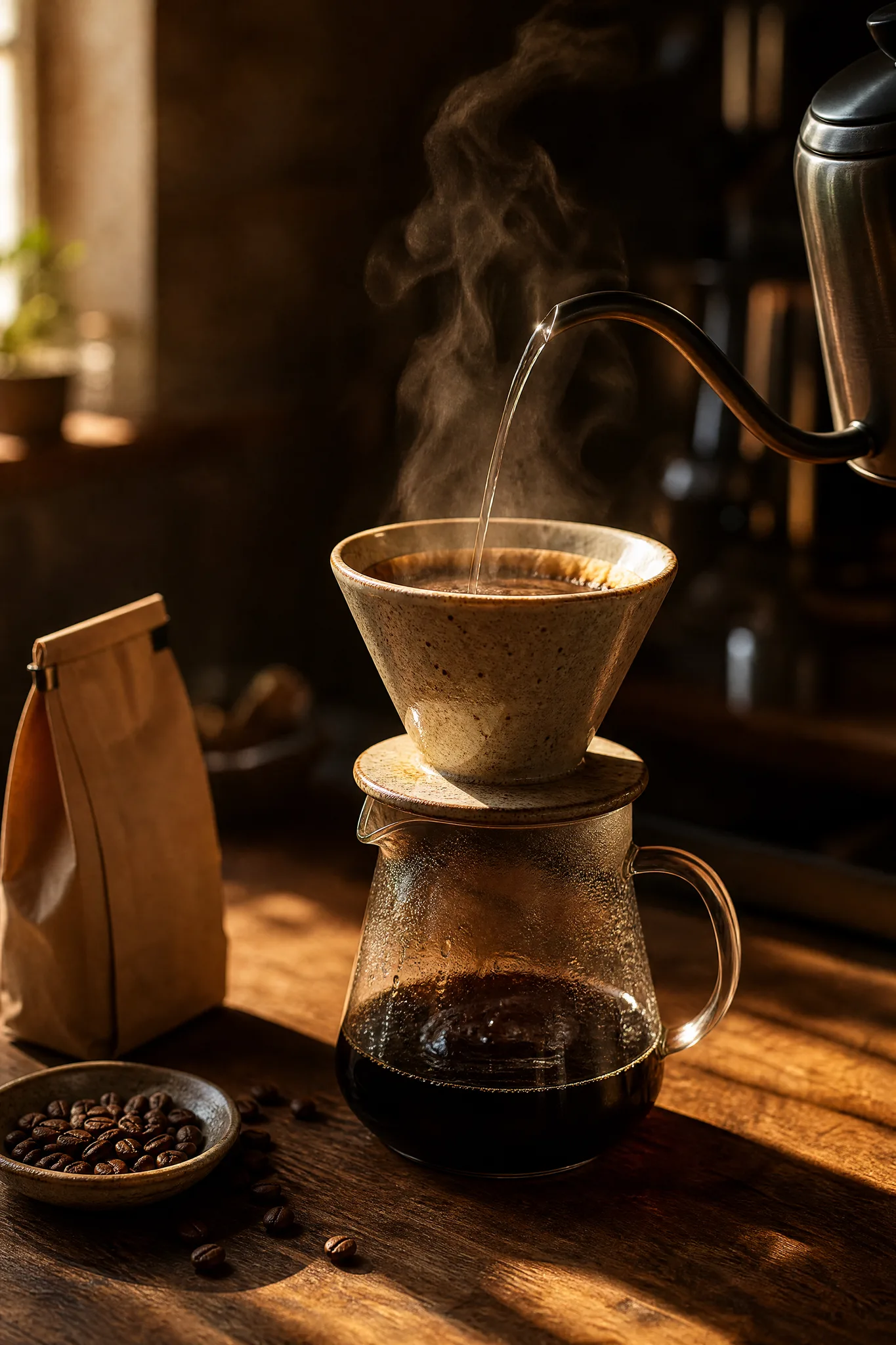 Grok Imagine Image: A Product Story Handmade ceramic pour-over dripper on a carafe with rising steam on a wooden café bar