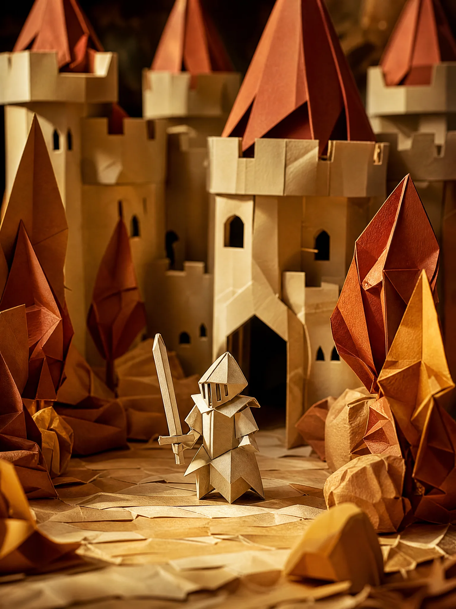 Grok Imagine Image: A Paper-Craft Illustration Folded-paper knight standing in a handmade paper castle courtyard