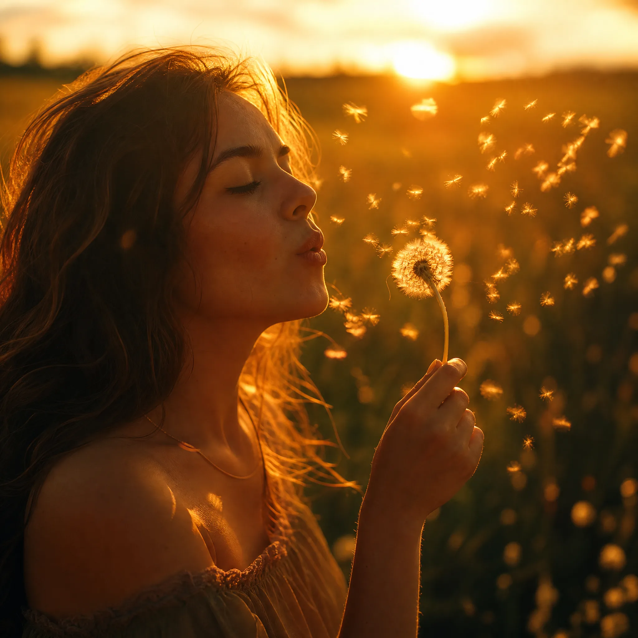A young woman gently blows dandelion seeds into the air in a meadow, golden sunset backlight making the floating seeds