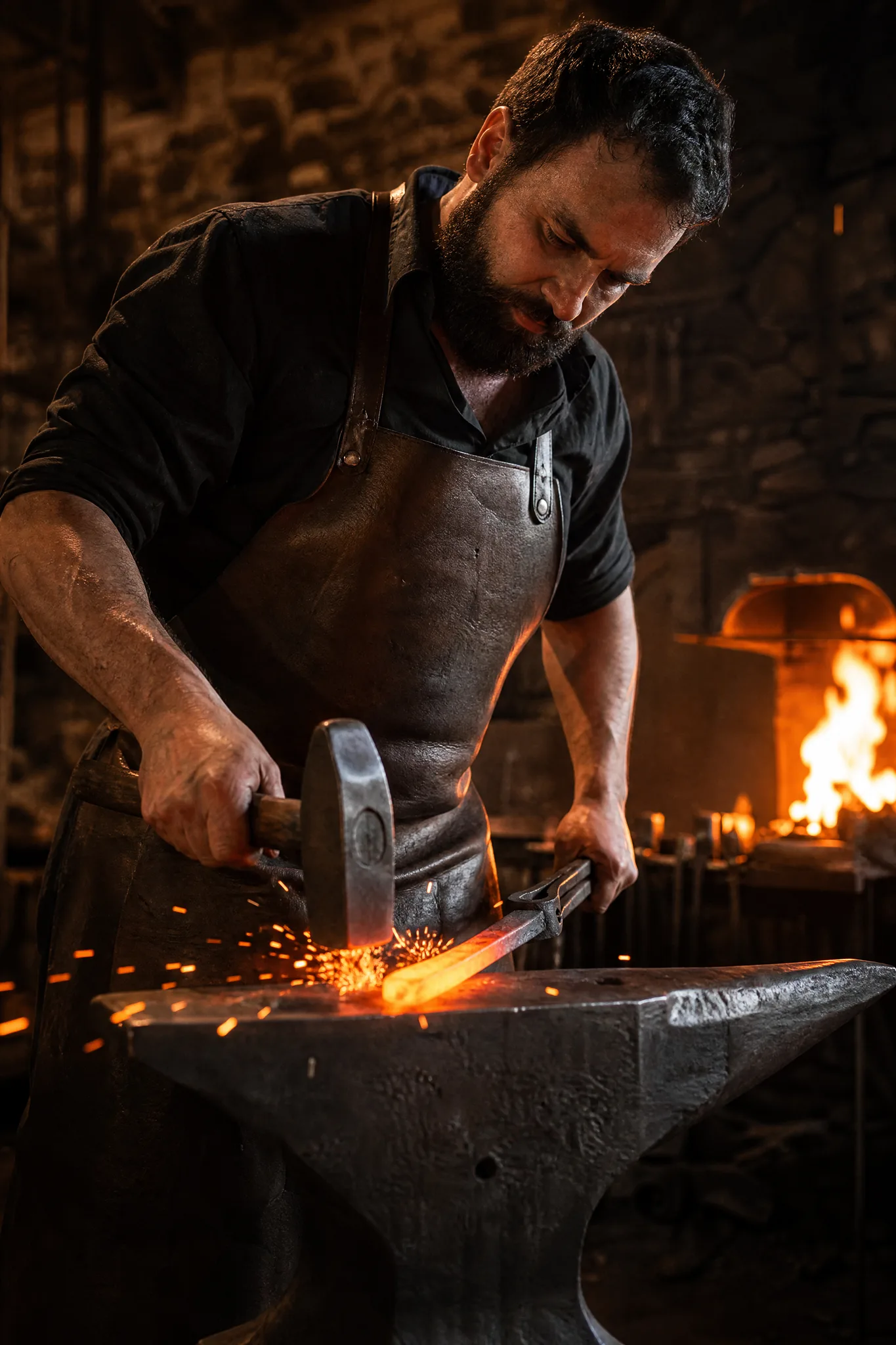 Grok Imagine Image: A Photographic Brief Low-angle view of a blacksmith hammering glowing steel on an anvil in a shower of sparks