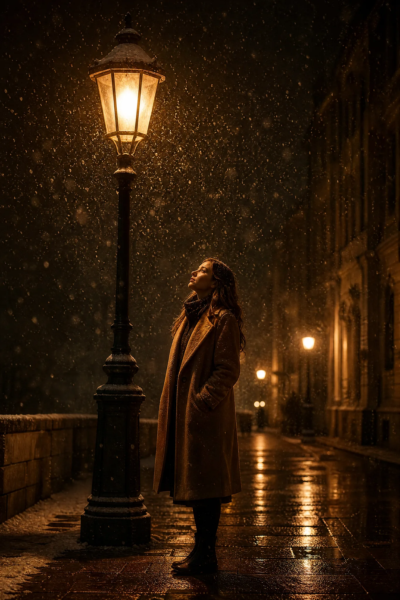Grok Imagine Image: A Clear Subject and Mood Woman in a camel coat standing under a glowing streetlamp in falling snow