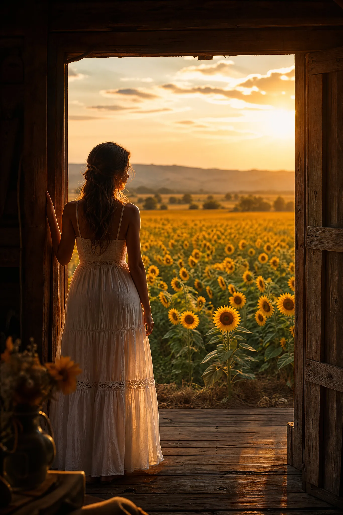 Woman in a white dress in a barn doorway looking out over a glowing sunflower field