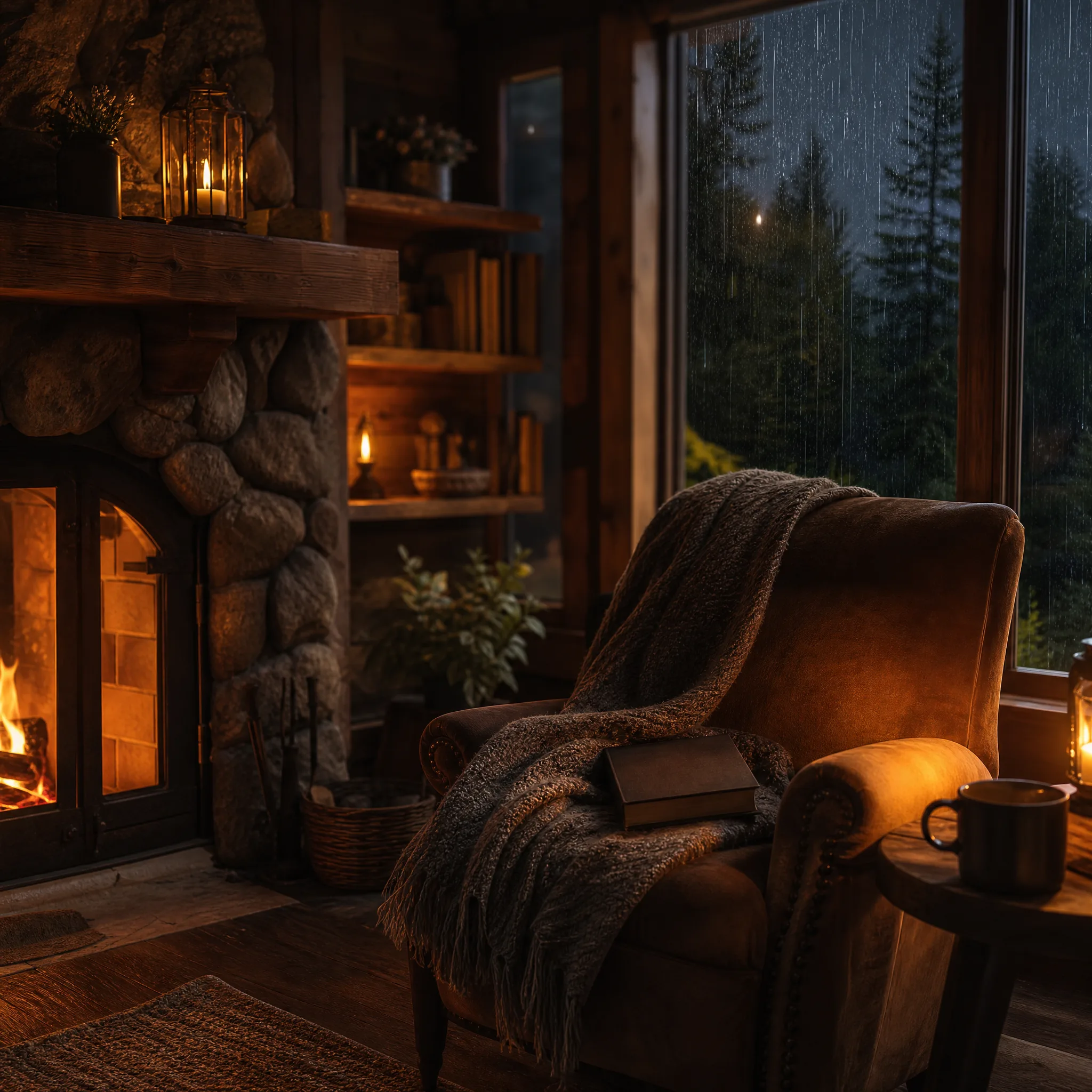 Cosy cabin interior with a glowing stone fireplace, an armchair with a blanket and book, and rain on the window