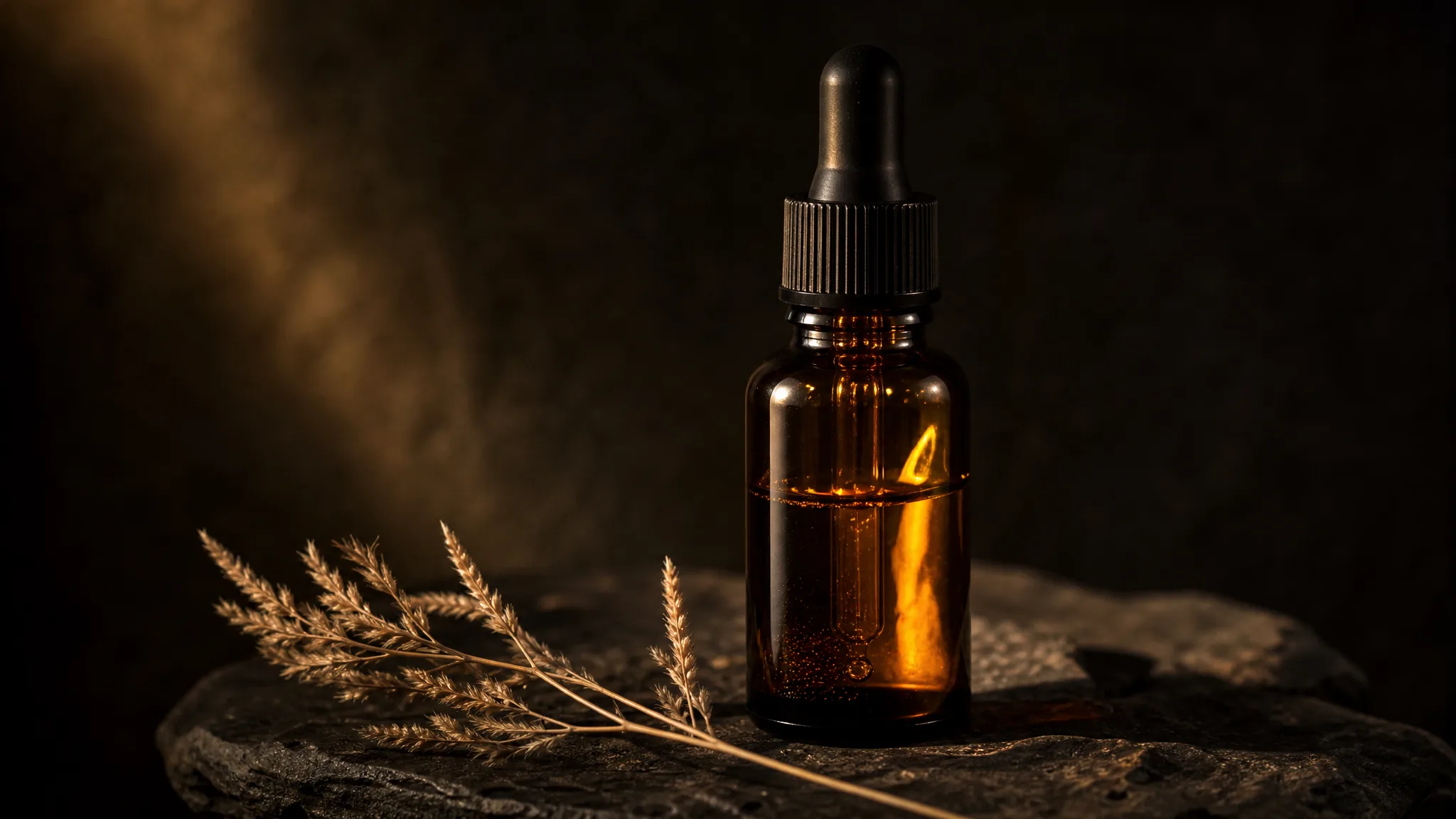 Amber glass dropper bottle on a dark stone tray as a sweep of warm light crosses the glass