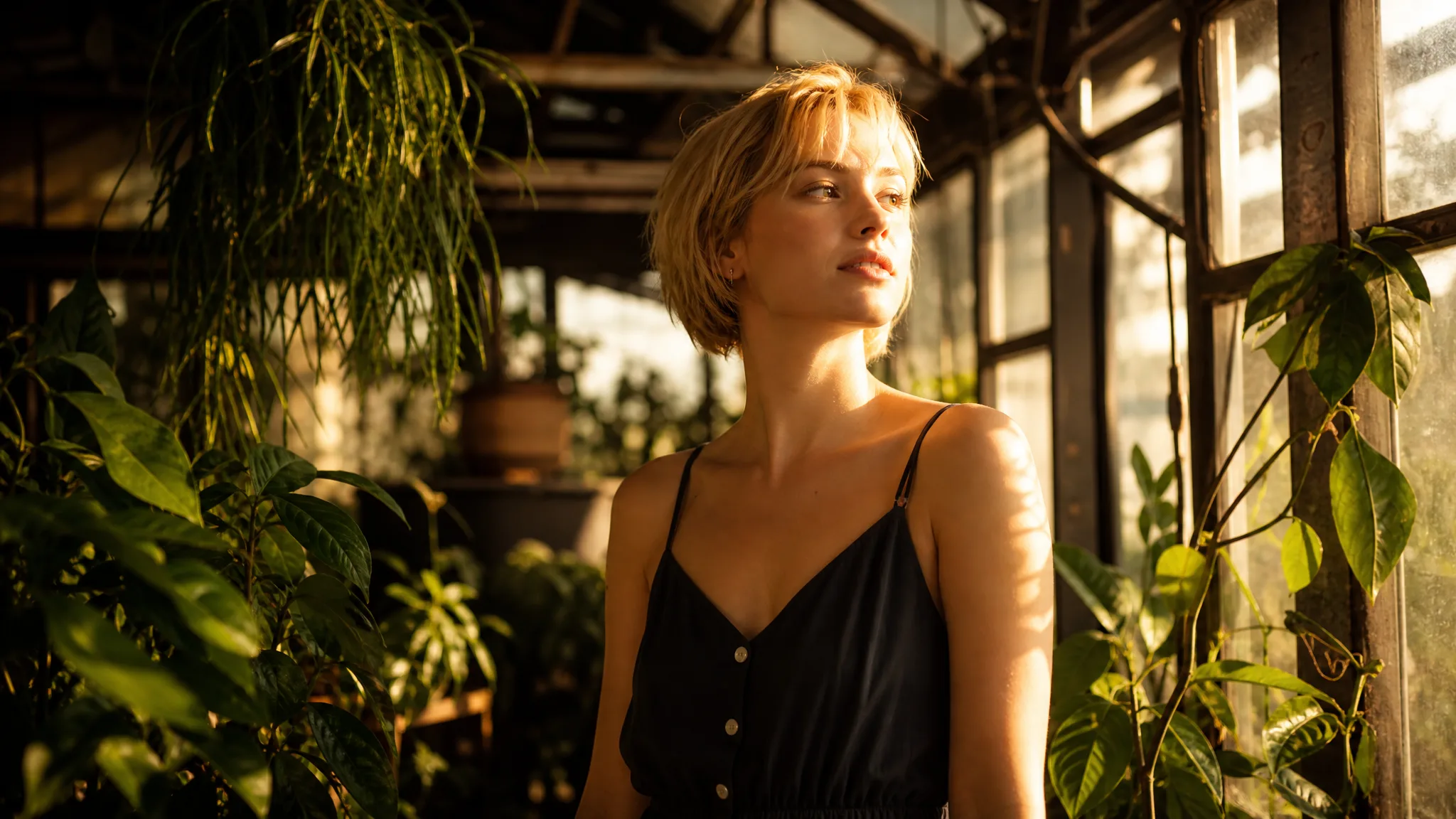 Woman with short blonde hair turning toward warm sunlight inside an old glass greenhouse full of plants