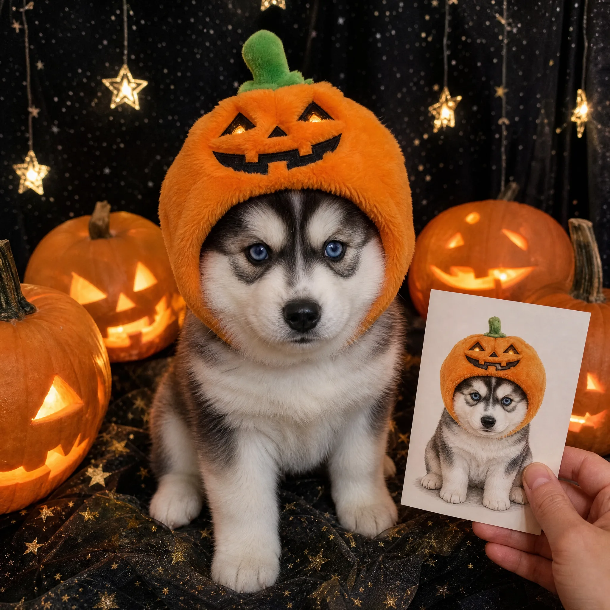 Husky puppy in a glowing pumpkin hood among jack-o’-lanterns, a hand holding a cartoon card of the puppy