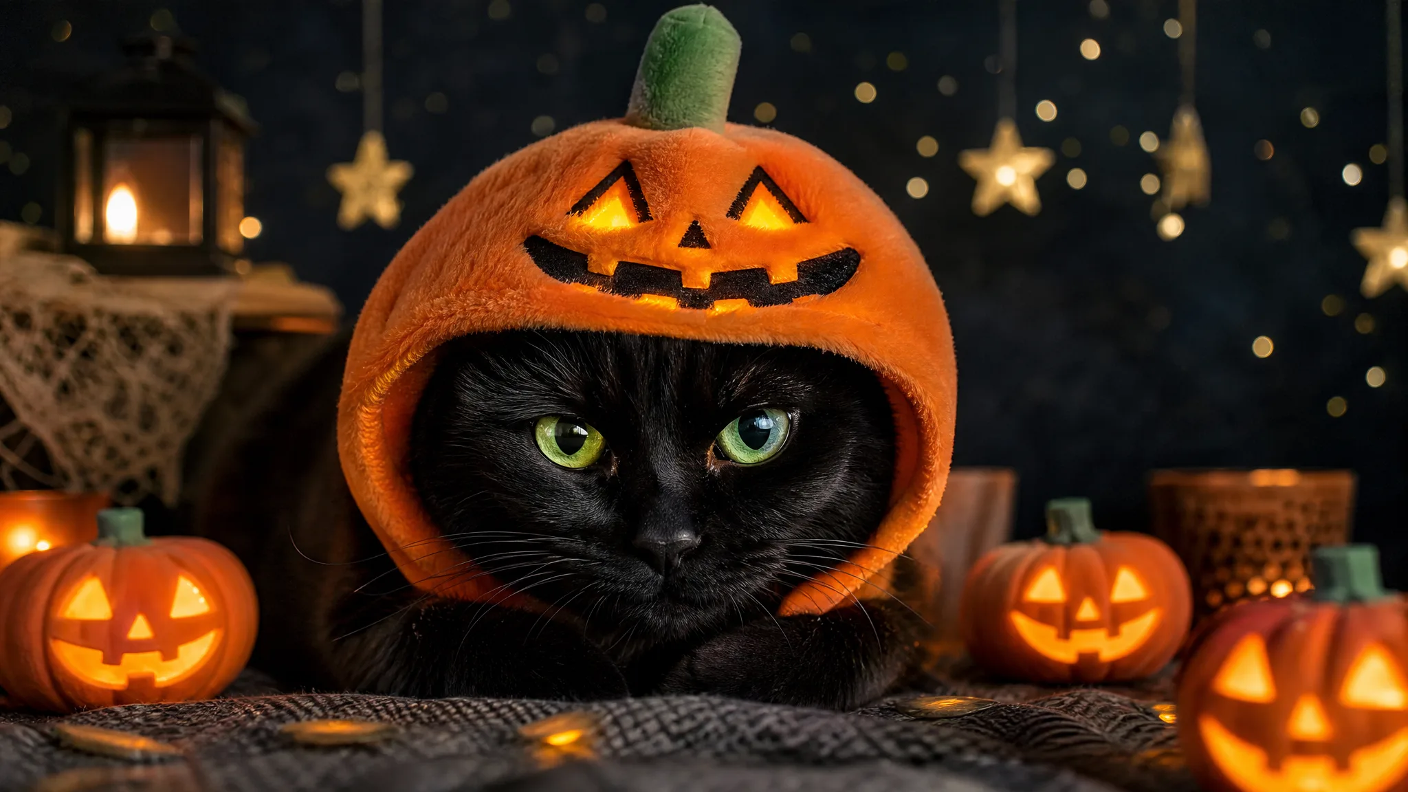 Black cat with green eyes in a pumpkin hood whose carved eyes and grin glow orange beside jack-o’-lanterns