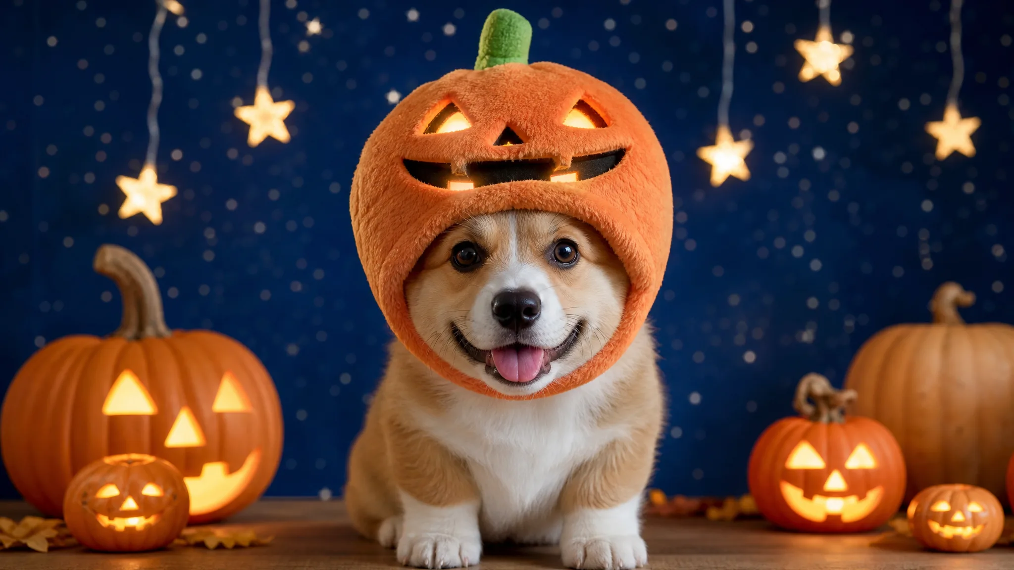Corgi puppy in an orange pumpkin hood sitting on a Halloween table in front of a starry backdrop