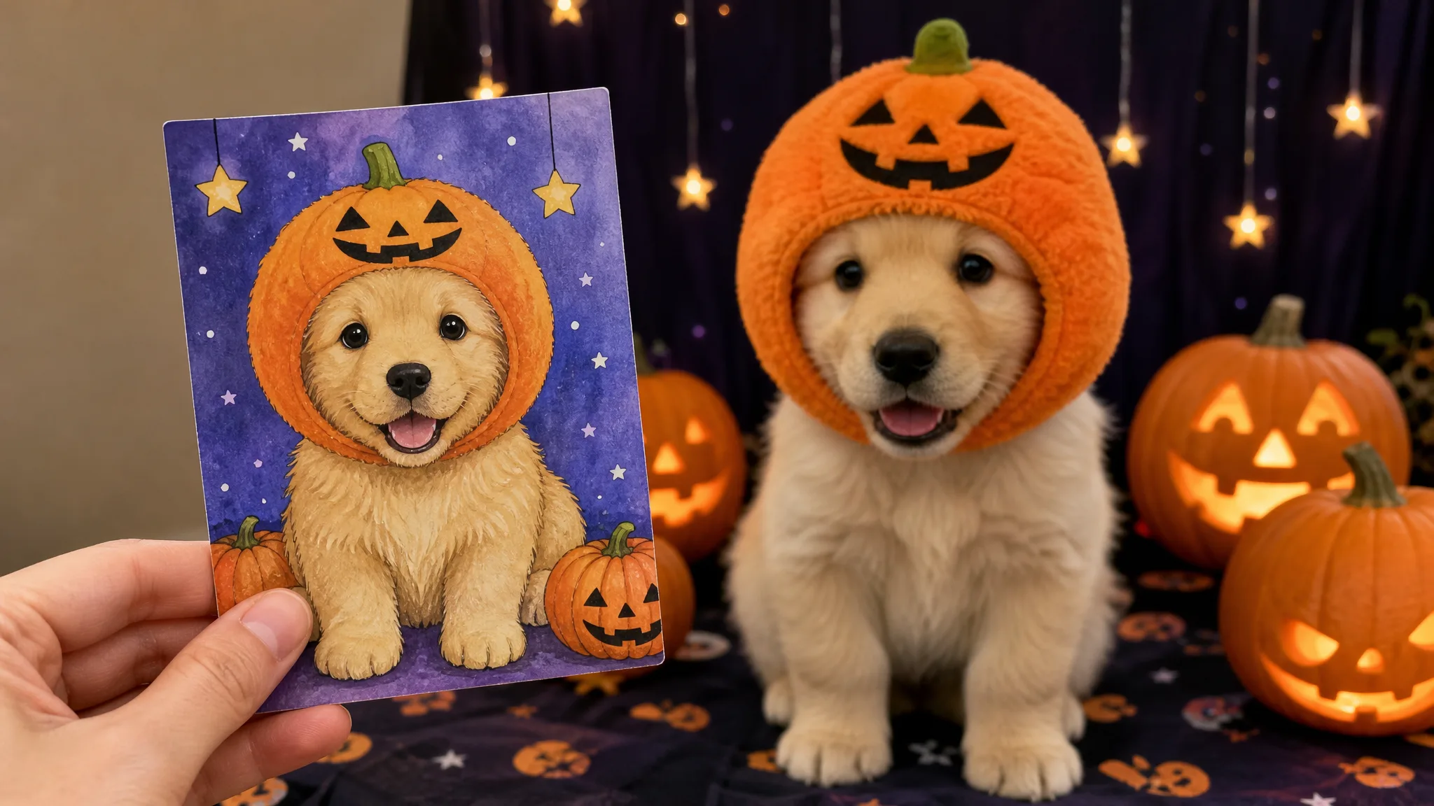 Hand holding a cartoon card of a golden retriever puppy in a pumpkin hood, the real puppy behind it