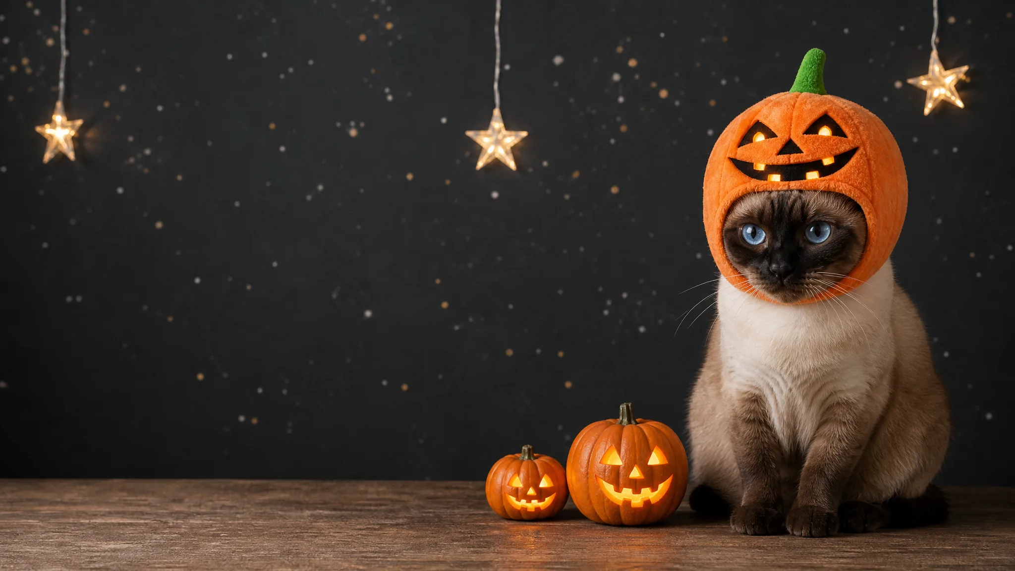 Siamese cat in an orange pumpkin hood on a Halloween table with open space beside it against a starry backdrop