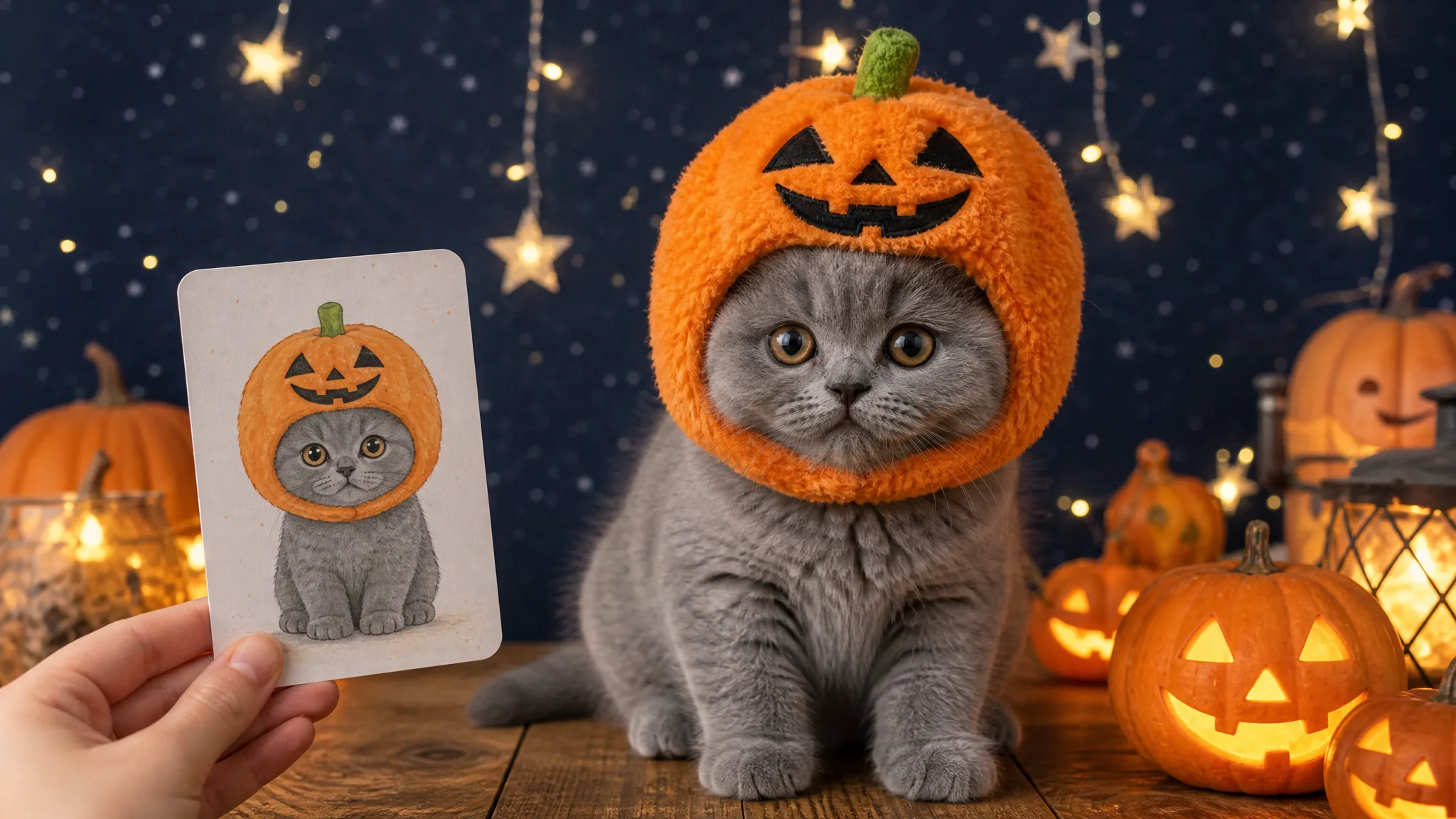 Grey kitten in an orange pumpkin hood at a Halloween table, a hand holding a cartoon card of the same kitten
