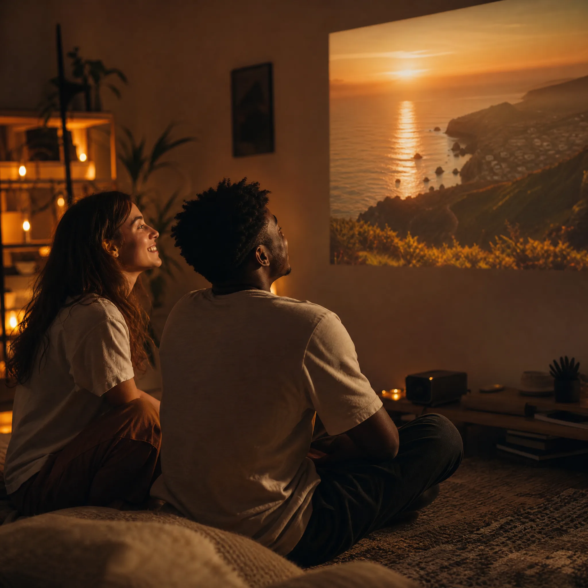Two friends sitting on a living-room floor at night watching a coastal sunset projected on the wall