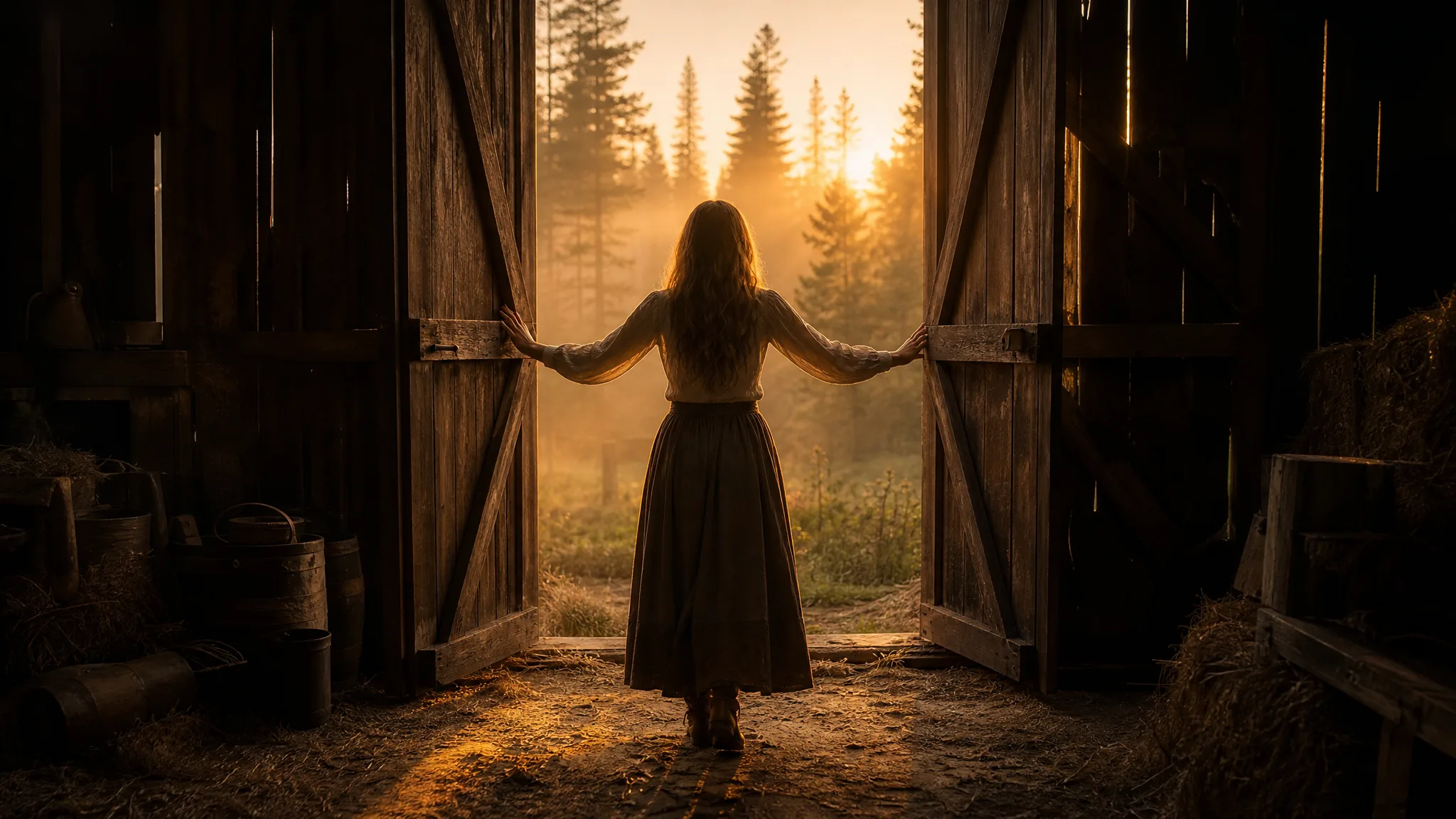 Woman pushing open dark barn doors onto a misty pine forest glowing at sunrise