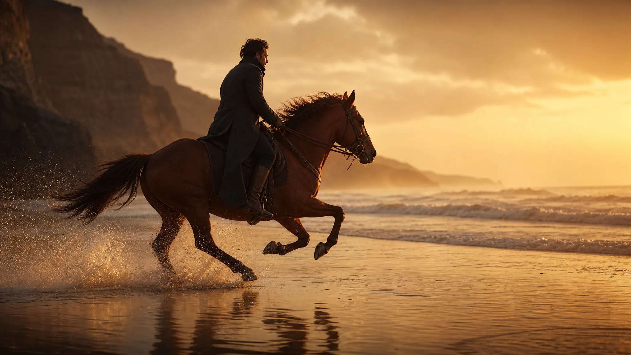 Rider in a dark coat galloping a chestnut horse through the surf on a beach at dawn