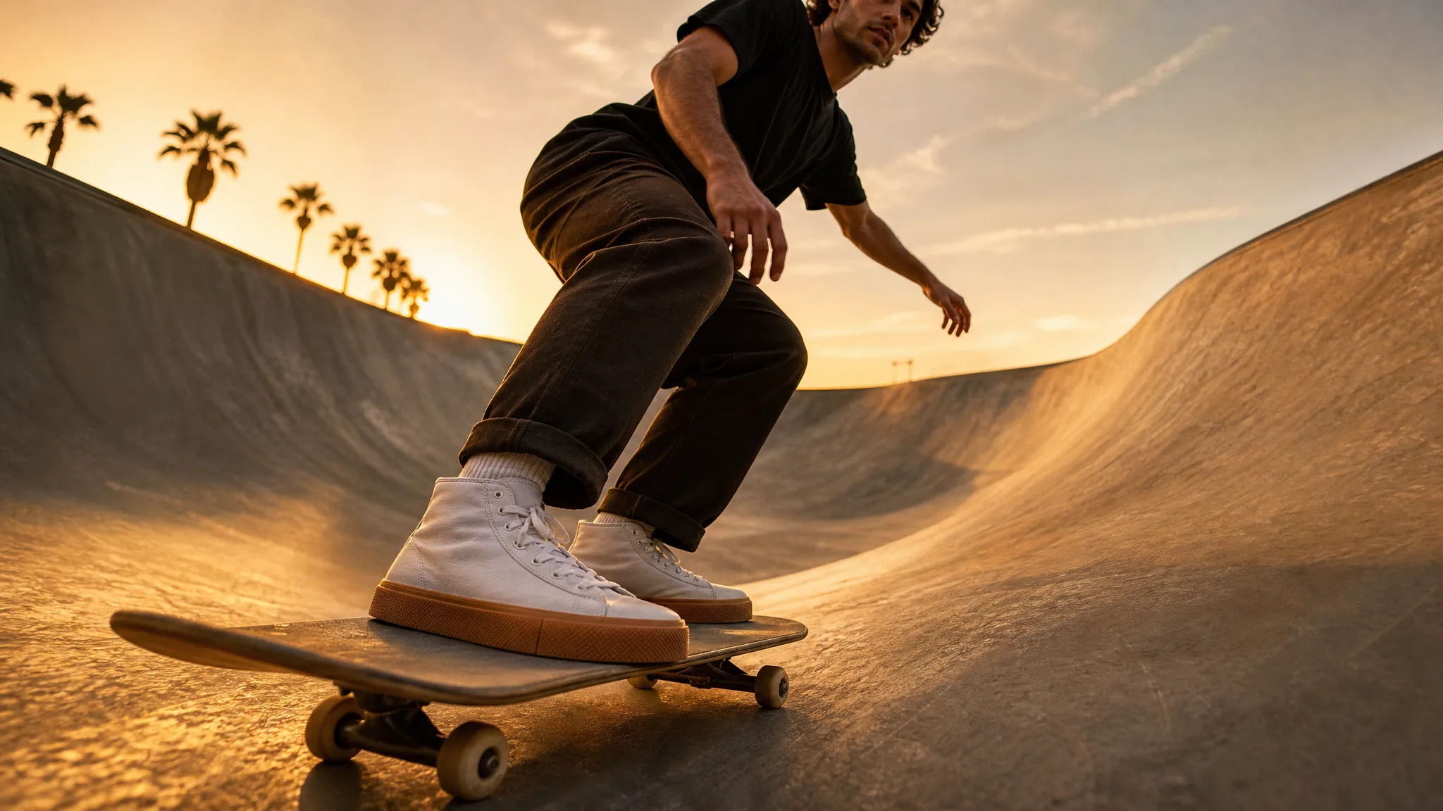 Skateboarder in white gum-sole high-top sneakers riding a concrete bowl at sunset