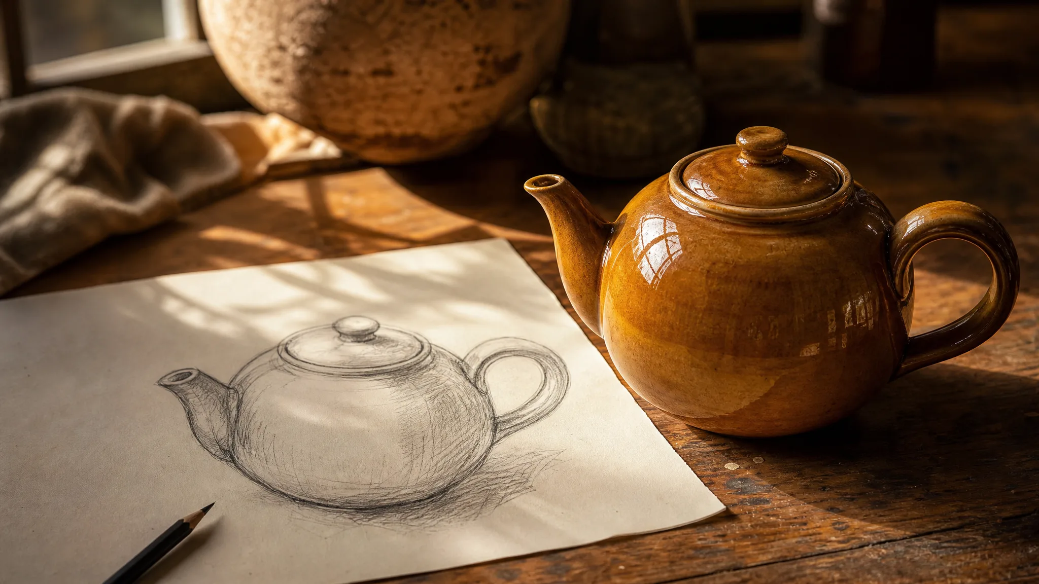 Pencil sketch of a teapot on paper beside a real teapot of the same shape in glossy amber glaze