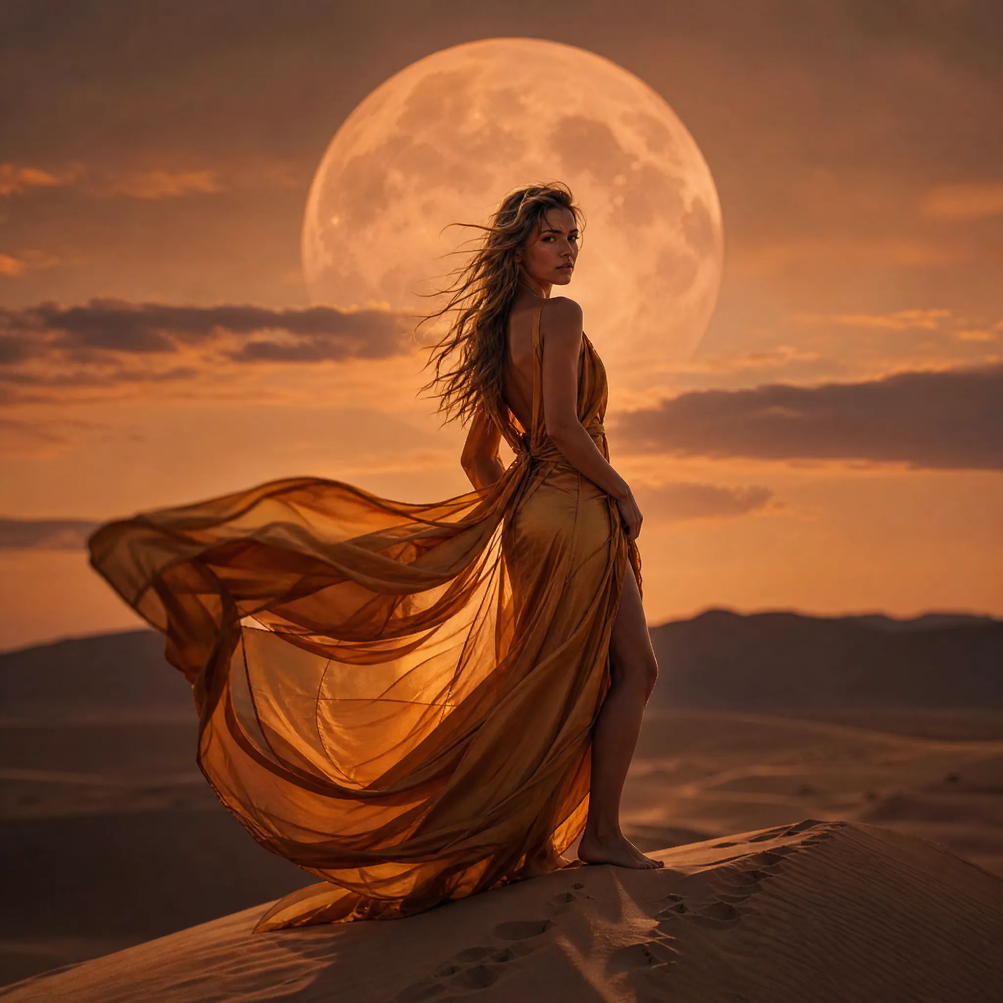 Woman in a flowing amber silk dress on a desert dune at dusk with a large full moon rising behind her