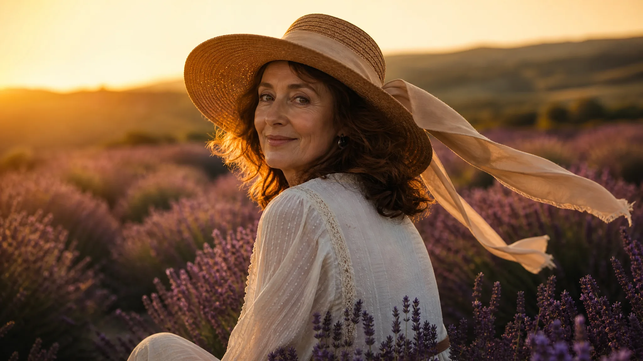Woman in a straw sunhat in a lavender field glancing back as a breeze lifts the hat ribbon