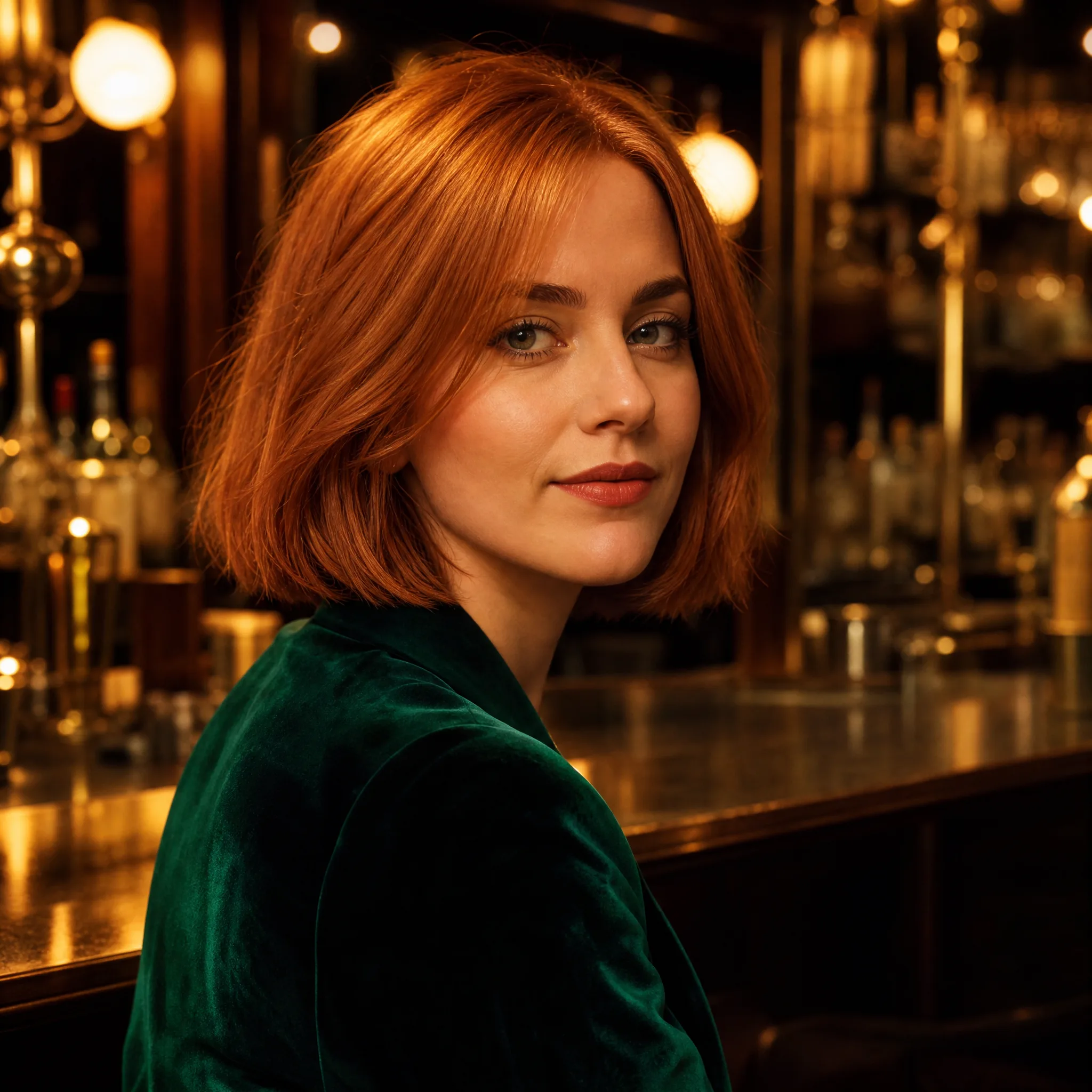 Woman with a copper bob haircut and an emerald velvet blazer seated at a brass art-deco bar