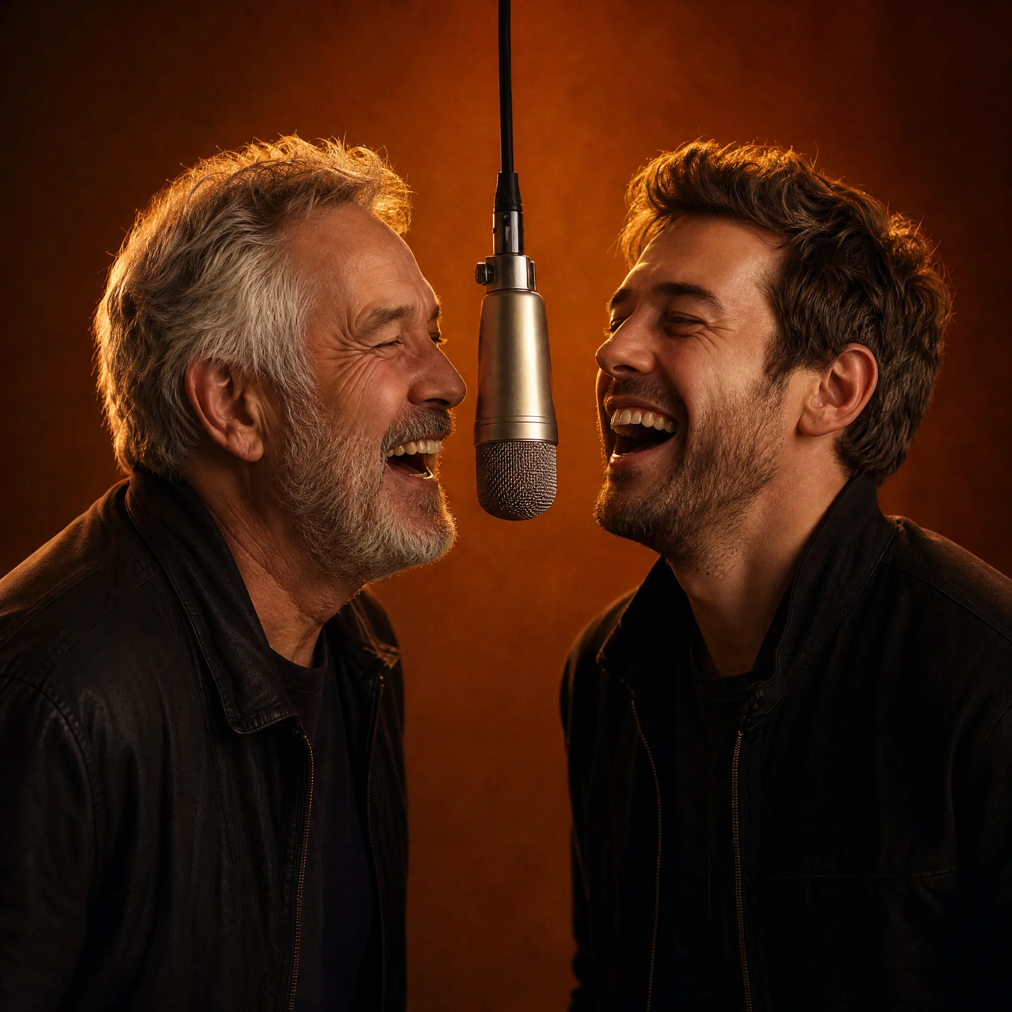 Grey-haired father and adult son in dark jackets laughing on either side of a hanging microphone