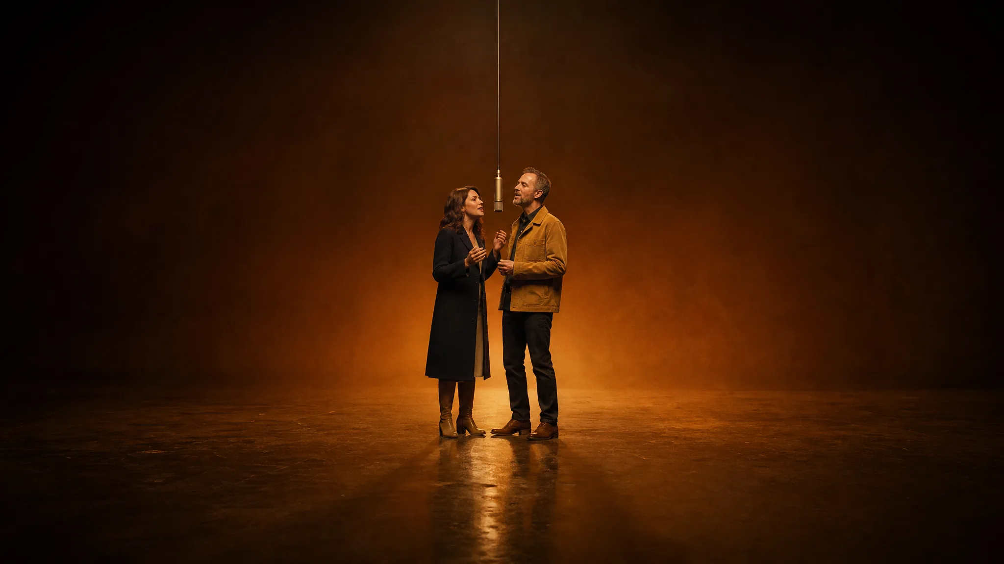 Hotel Lobby AI: A Familiar Stage Wide view of a couple singing together under a single hanging microphone on an empty amber-lit stage