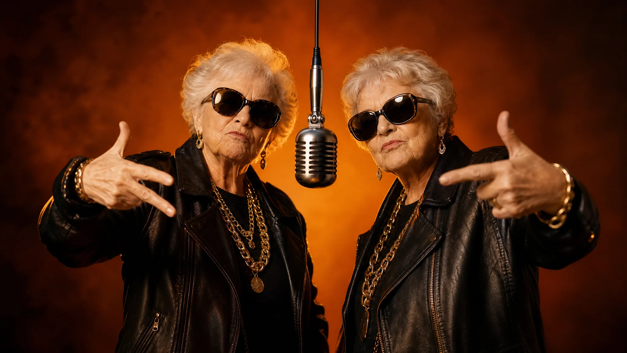 Hotel Lobby AI: A Styling Idea for the Duo Two grandmothers in matching black leather jackets, gold chains and sunglasses posing beside a hanging microphone