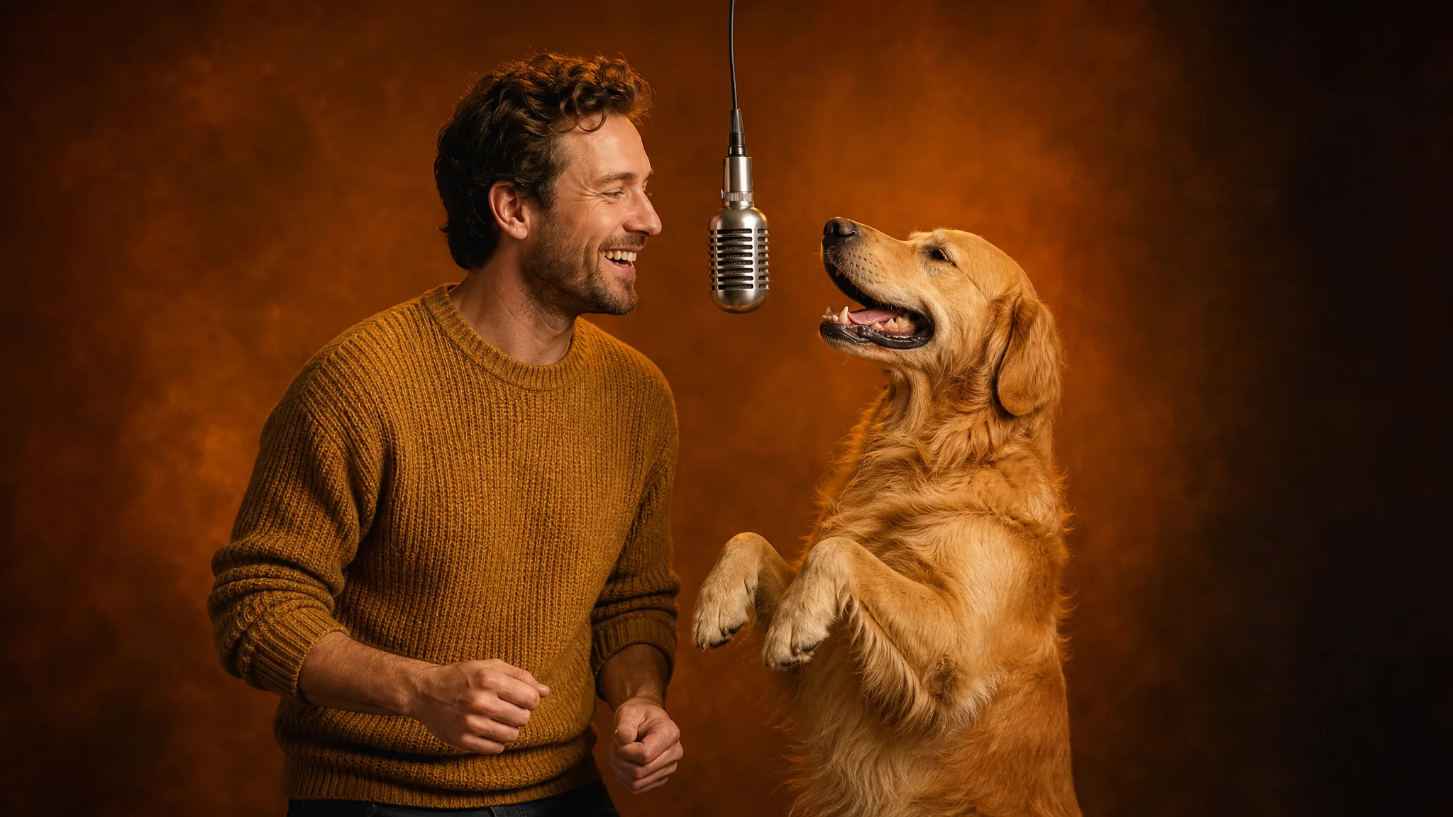 Hotel Lobby AI: A Person-and-Pet Pairing Laughing man in a mustard sweater and an upright golden retriever facing a hanging microphone in an orange studio