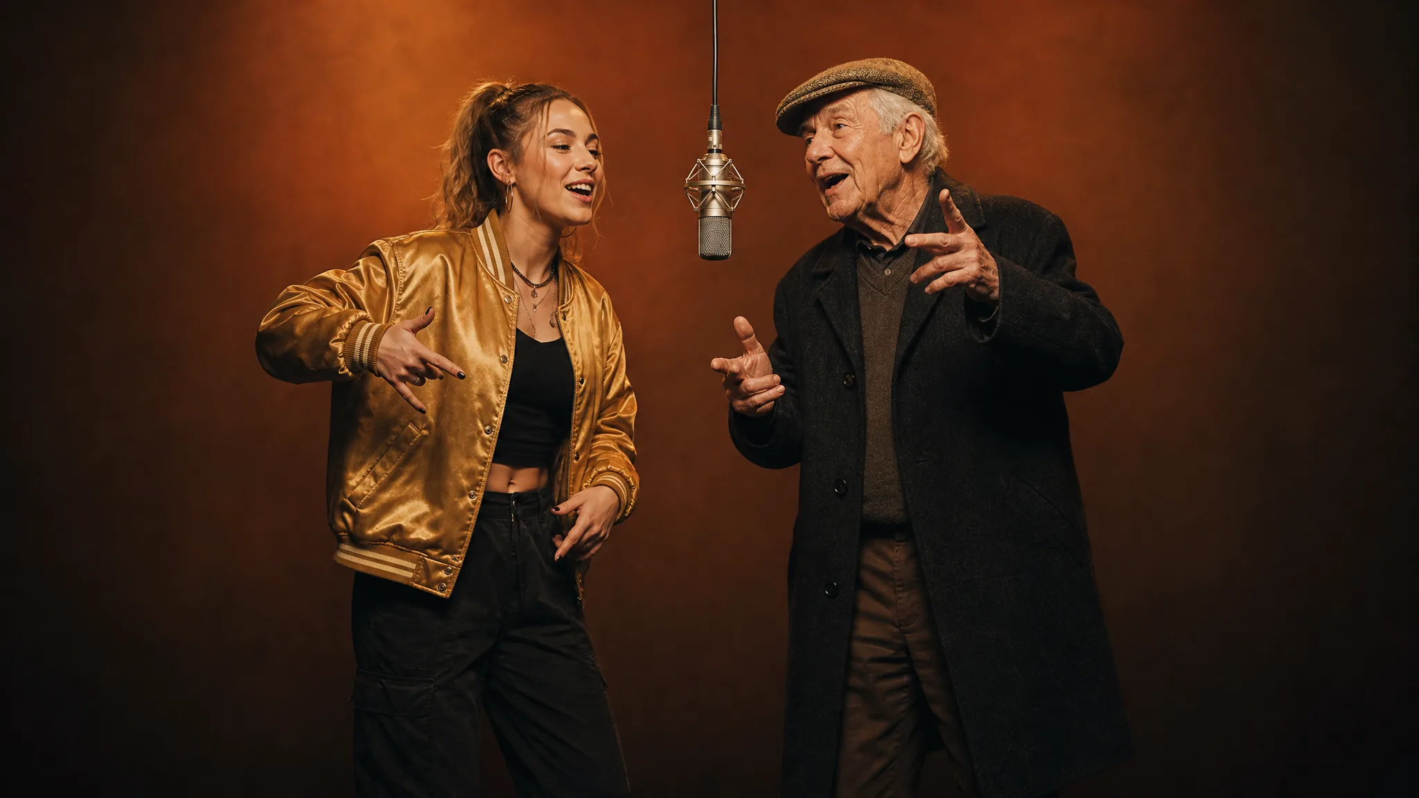 Young woman in a gold bomber and an older man in a flat cap rapping around a hanging microphone in an orange studio