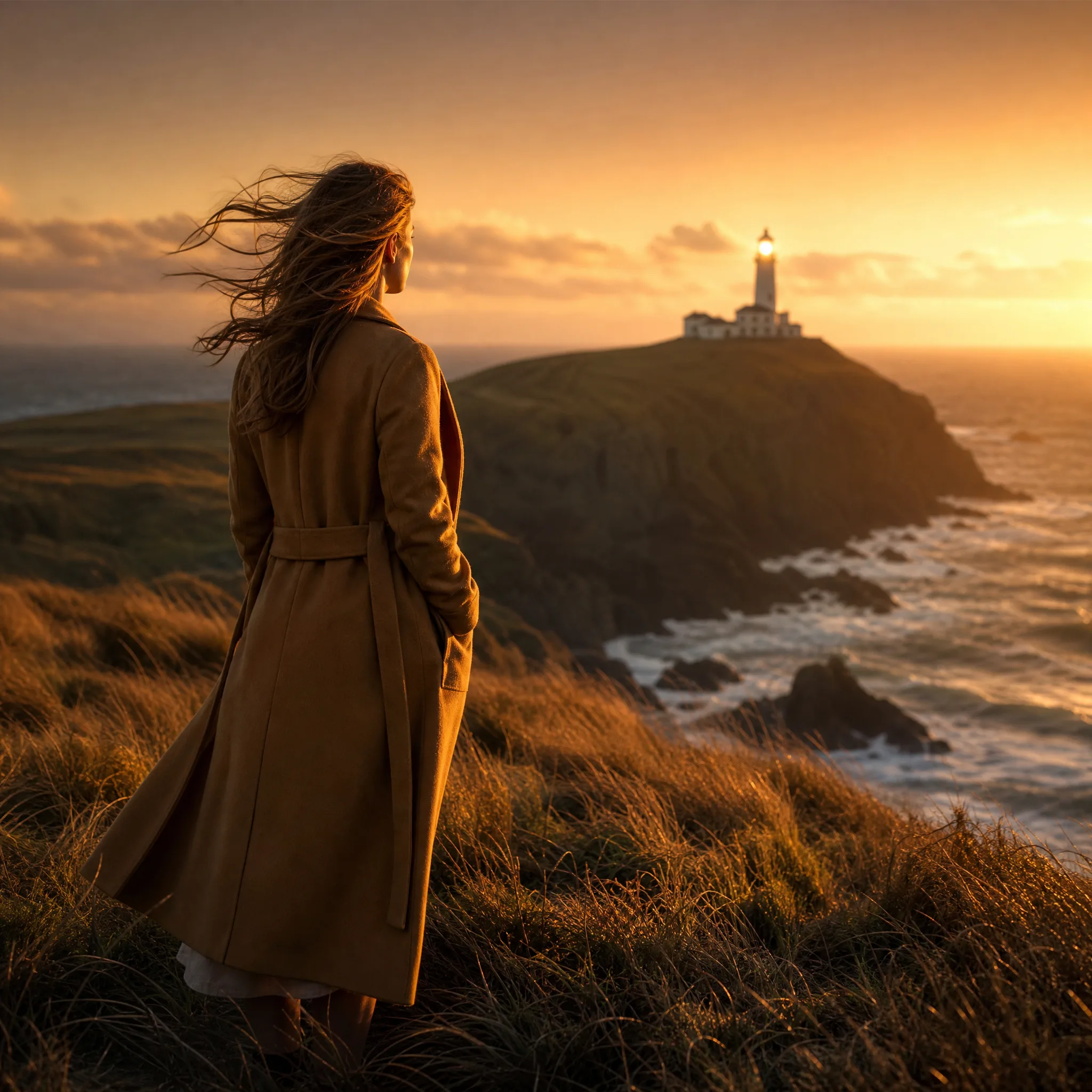Woman in an ochre coat on a windswept clifftop meadow at sunset, looking toward a distant lighthouse