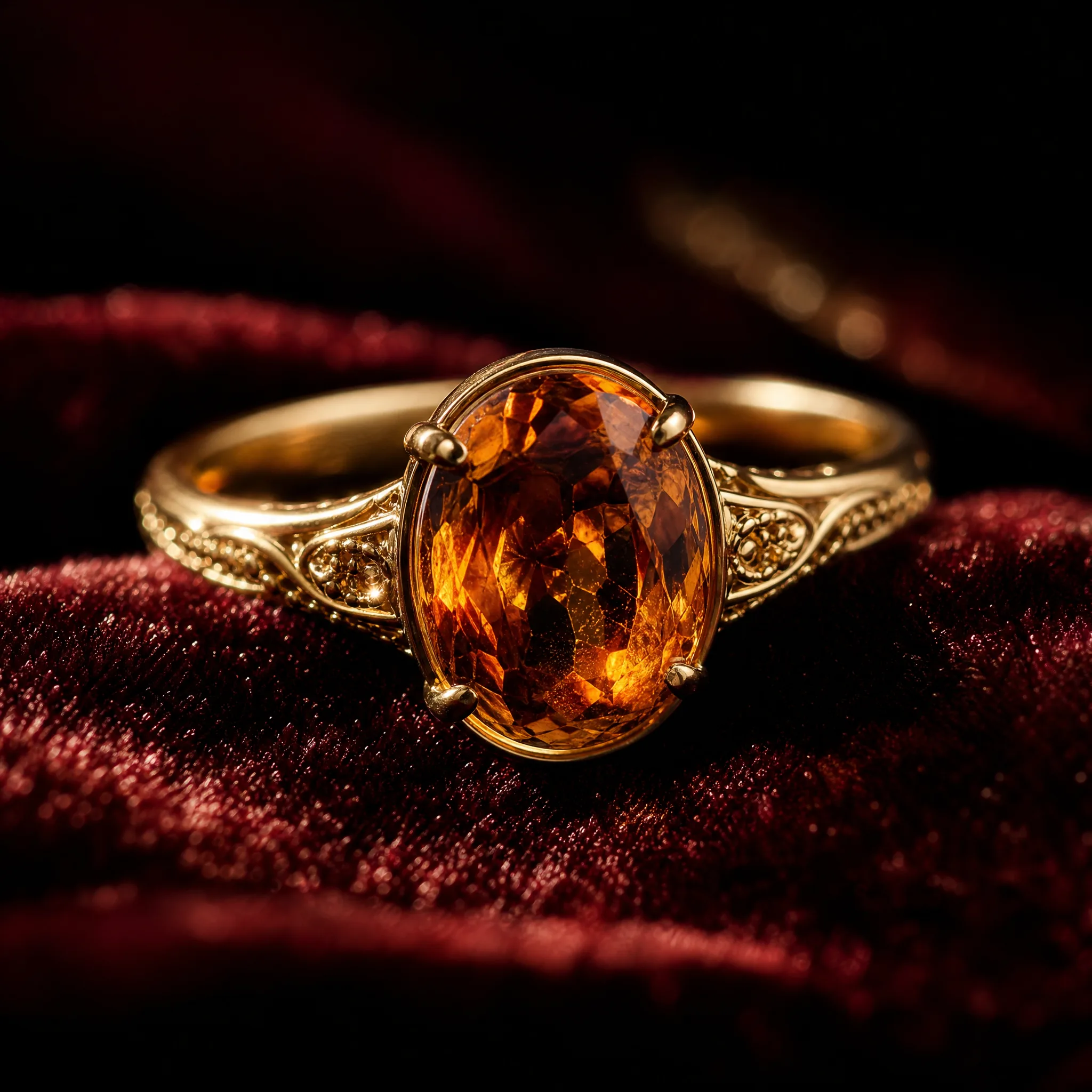 Macro close-up of a gold ring with a faceted amber gemstone resting on burgundy velvet