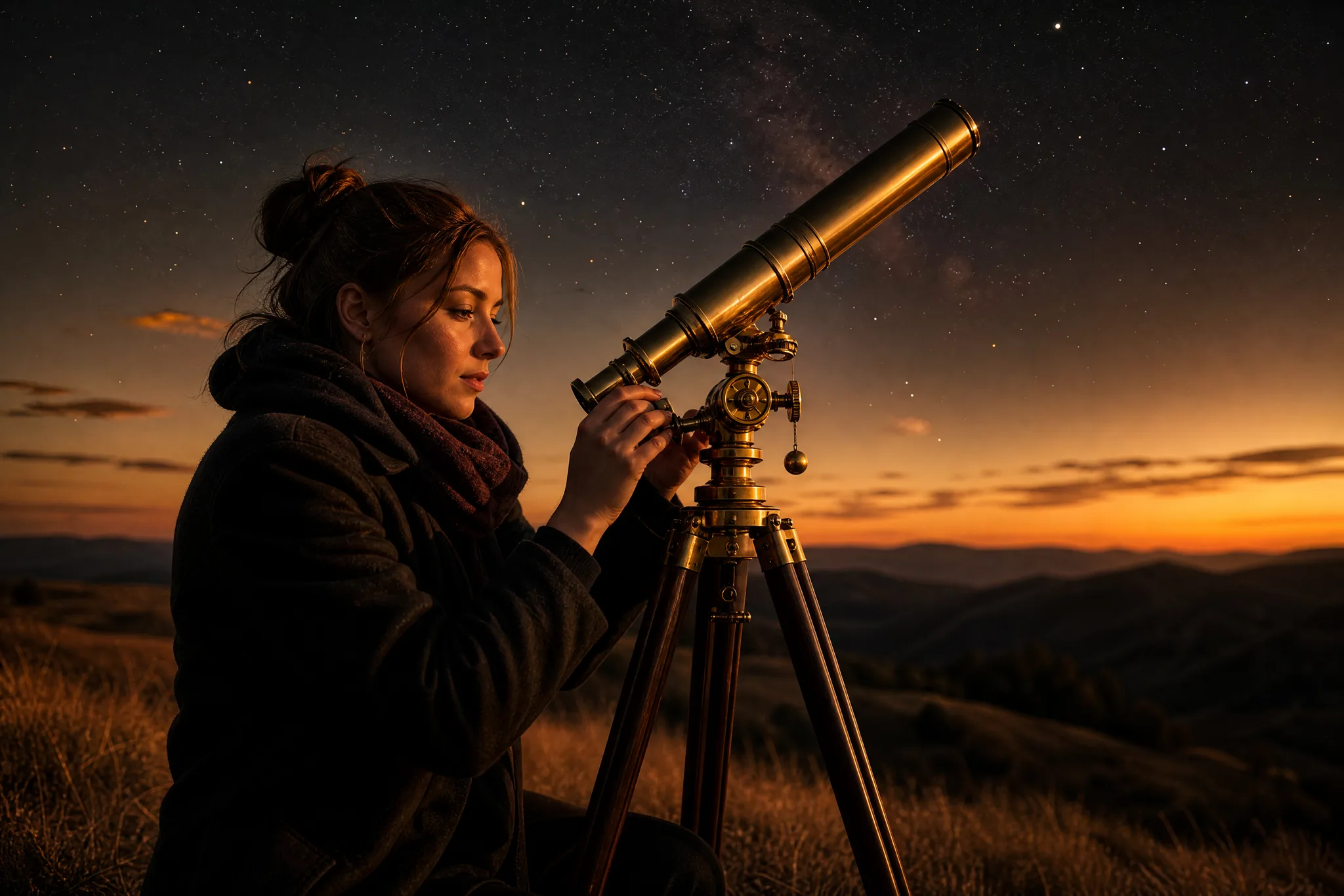 Woman adjusting a brass telescope on a grassy hilltop as the first stars appear at twilight