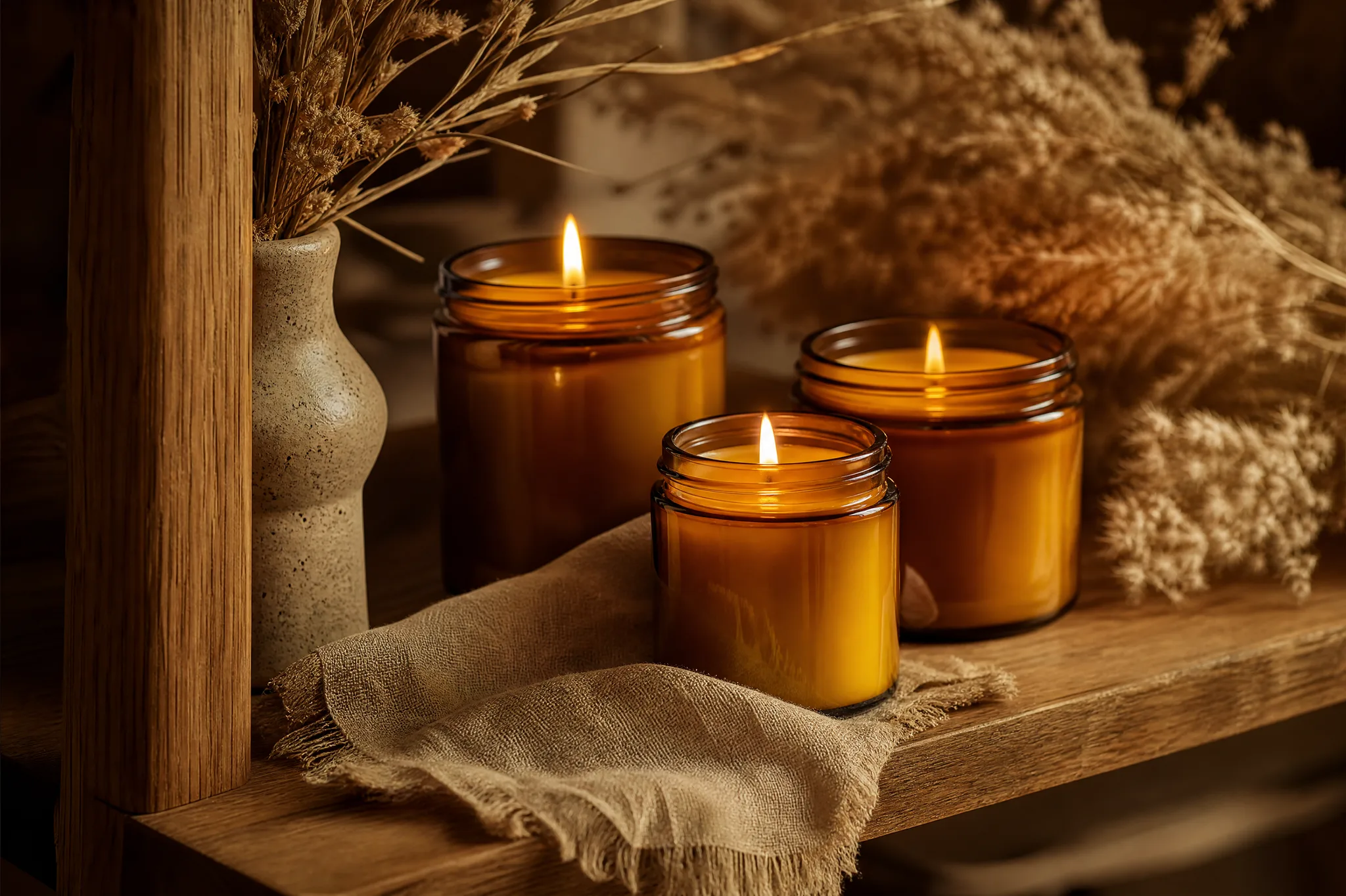 Handmade beeswax candles in amber glass jars styled on an oak shelf with dried grasses and linen