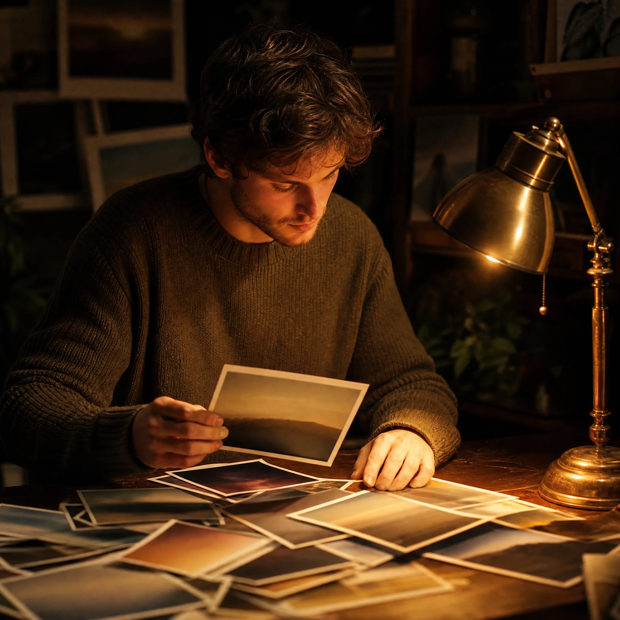 Man at a lamplit wooden desk picking one printed photograph from a spread of prints