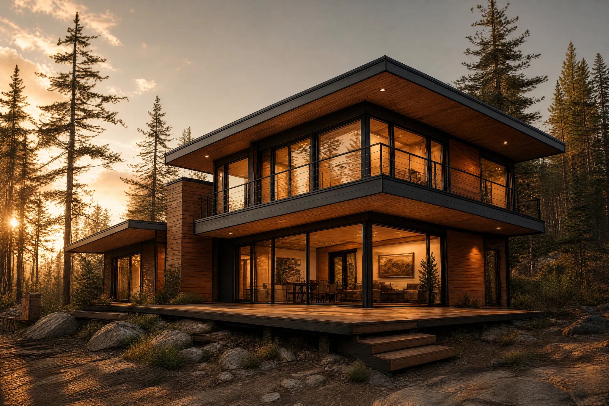 The same house from the sketch rendered as a photograph, with cedar cladding and glowing windows among pines at golden hour