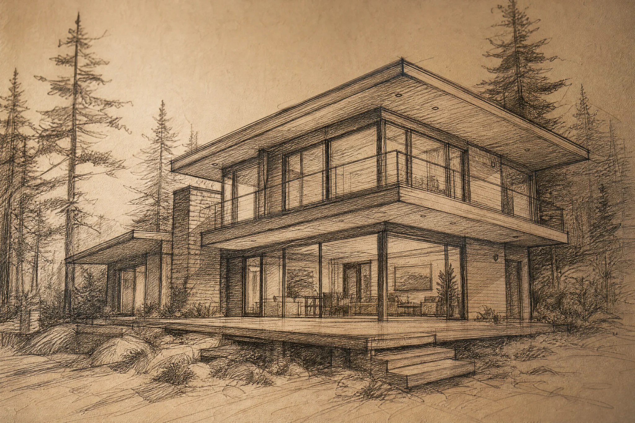 Pencil sketch of a modern two-storey house with a timber deck among pine trees