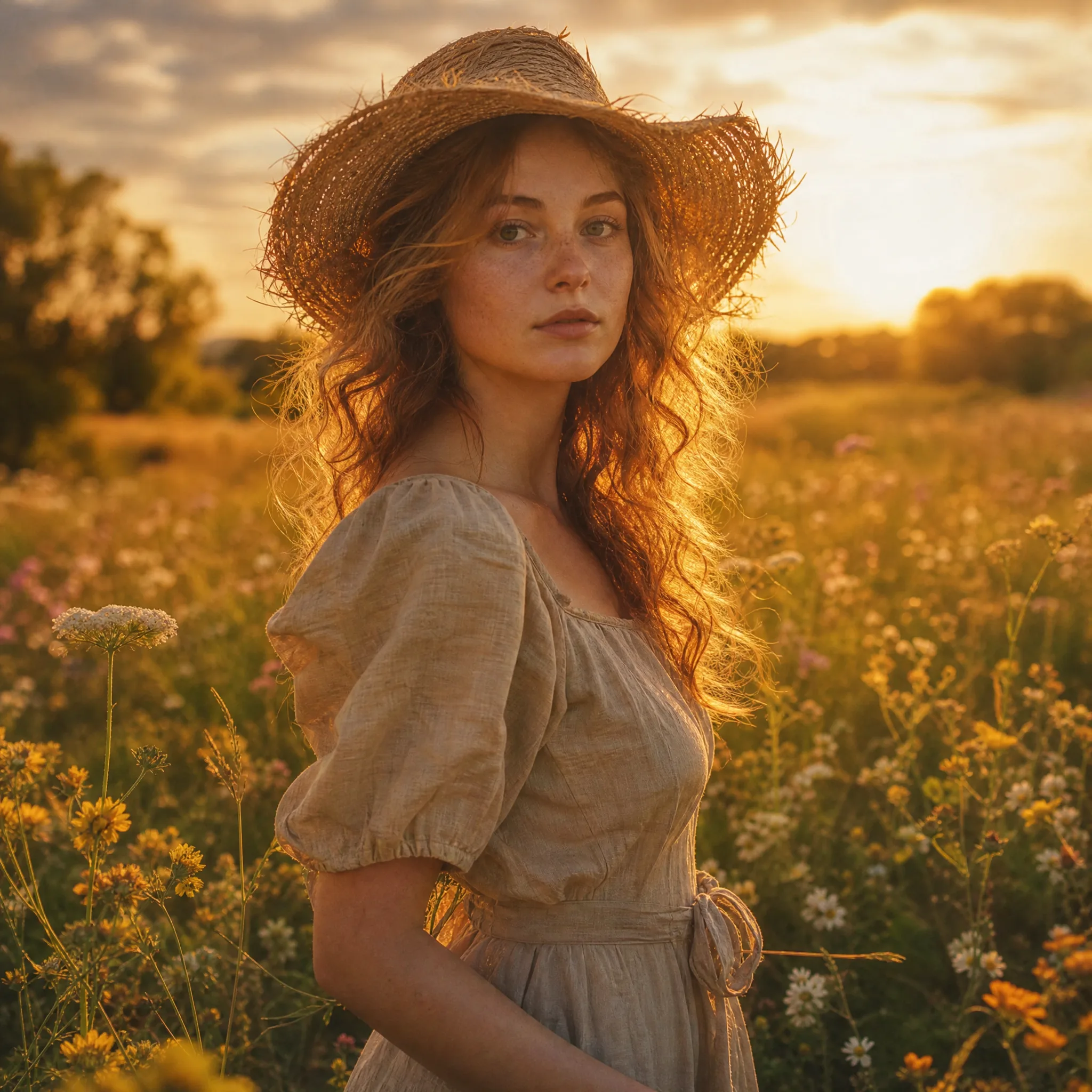 Woman in a straw hat and linen dress standing in a wildflower meadow under painterly golden backlight